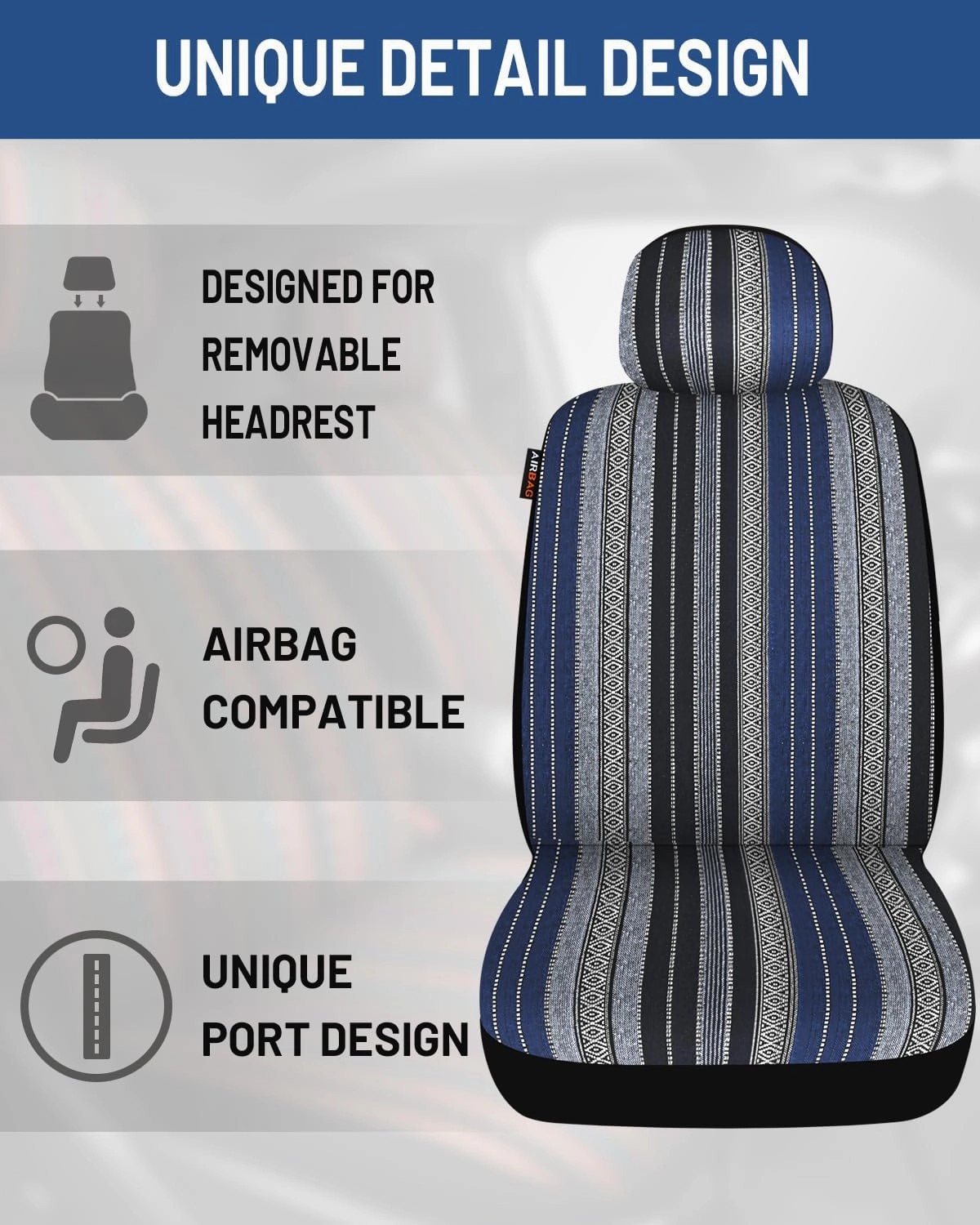 Baja Saddle Blanket Car Seat Covers Full Set with Seat Belt Pads and Steering Wheel Cover, Washable Breathable Striped Woven Cloth Seat Covers for Cars, SUV, Truck, (Blue)