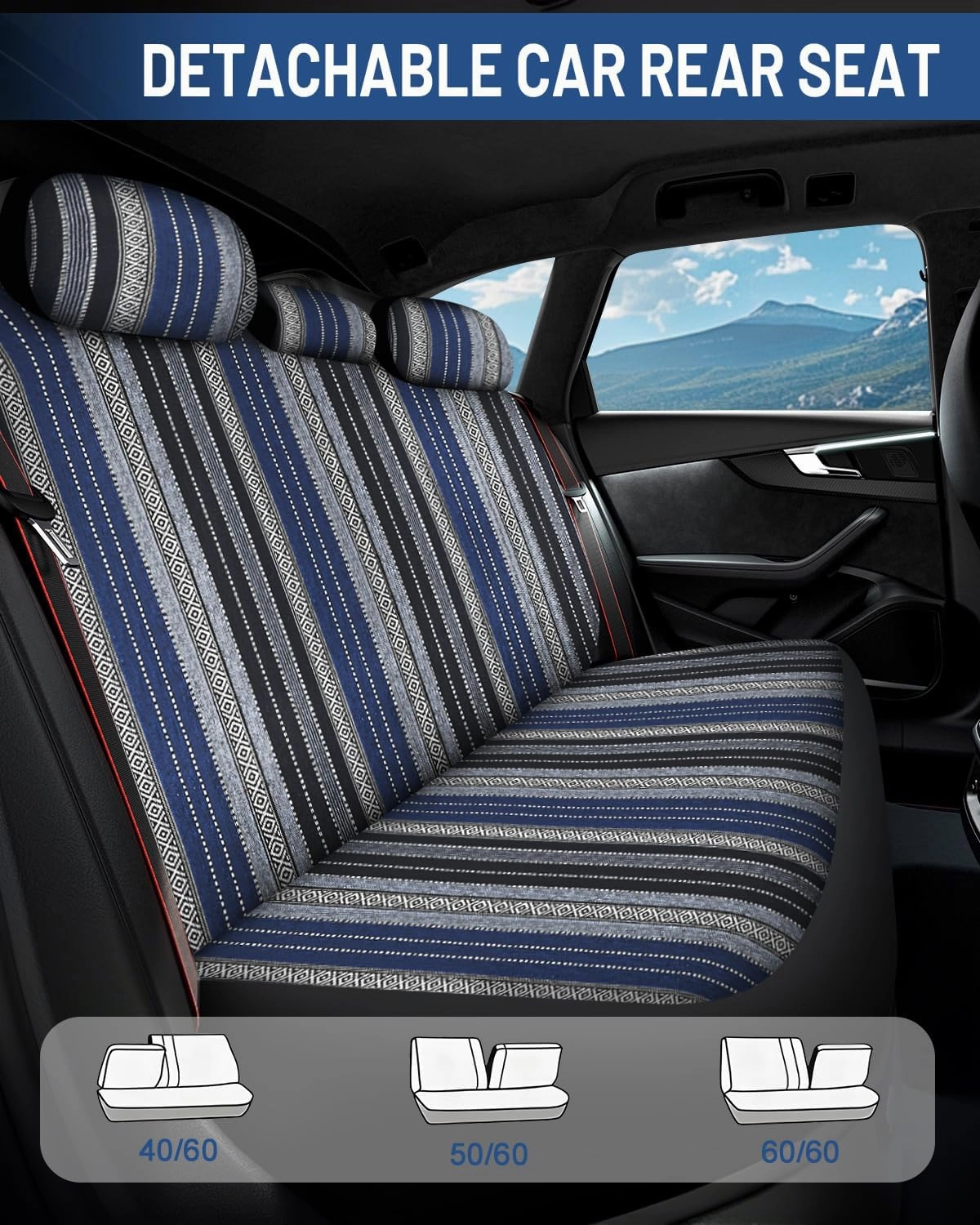Baja Saddle Blanket Car Seat Covers Full Set with Seat Belt Pads and Steering Wheel Cover, Washable Breathable Striped Woven Cloth Seat Covers for Cars, SUV, Truck, (Blue)