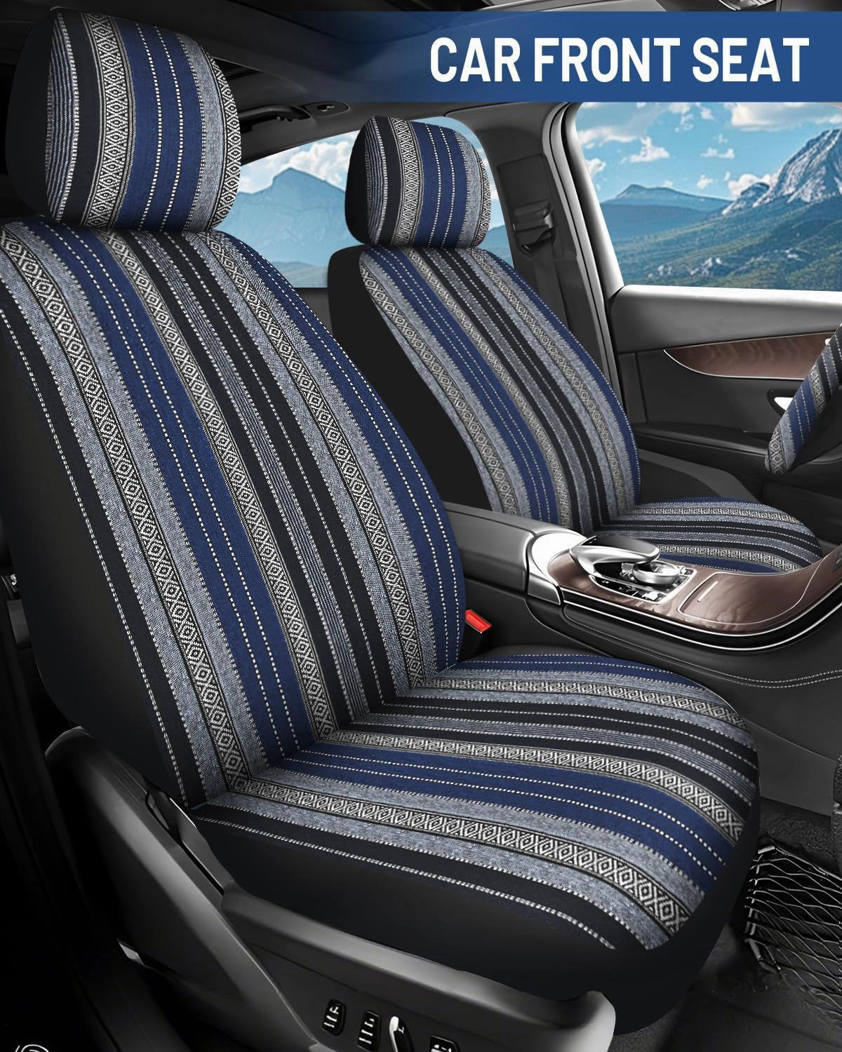 Baja Saddle Blanket Car Seat Covers Full Set with Seat Belt Pads and Steering Wheel Cover, Washable Breathable Striped Woven Cloth Seat Covers for Cars, SUV, Truck, (Blue)