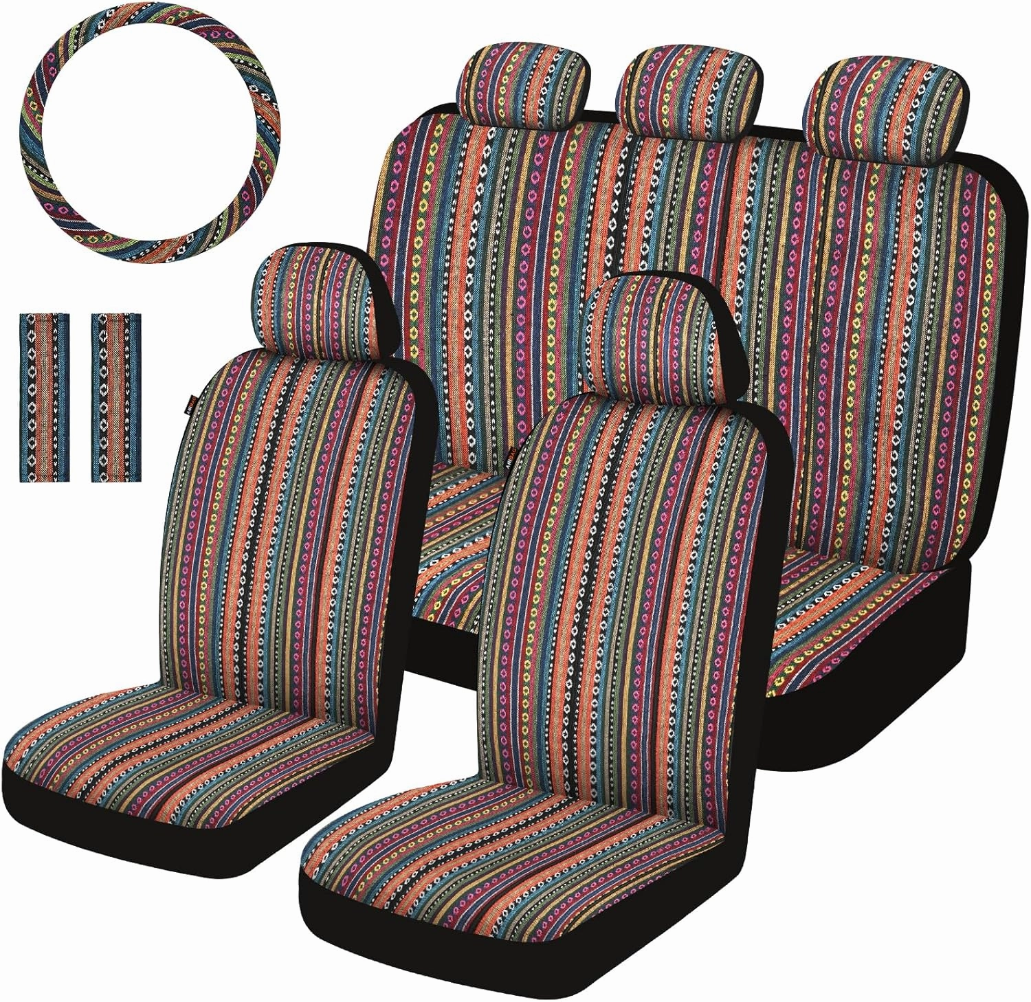 Baja Saddle Blanket Car Seat Covers Full Set with Seat Belt Pads and Steering Wheel Cover, Washable Breathable Striped Woven Cloth Seat Covers for Cars, SUV, Truck, (Red/Blue)