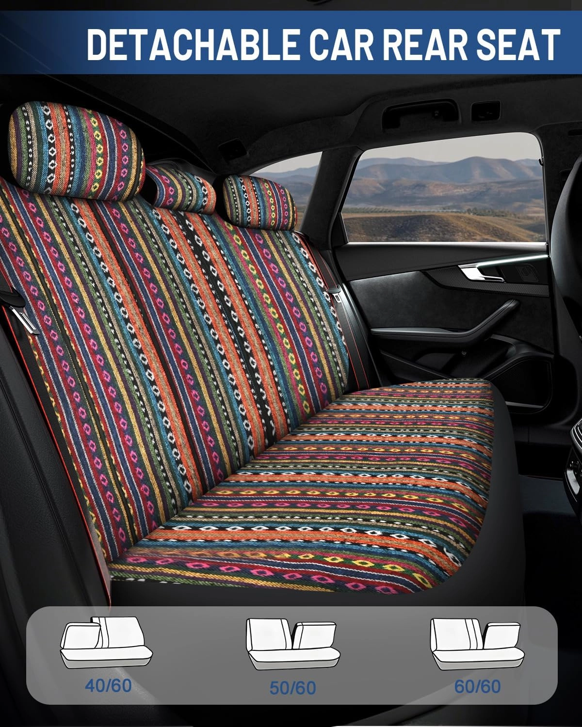 Baja Saddle Blanket Car Seat Covers Full Set with Seat Belt Pads and Steering Wheel Cover, Washable Breathable Striped Woven Cloth Seat Covers for Cars, SUV, Truck, (Red/Blue)