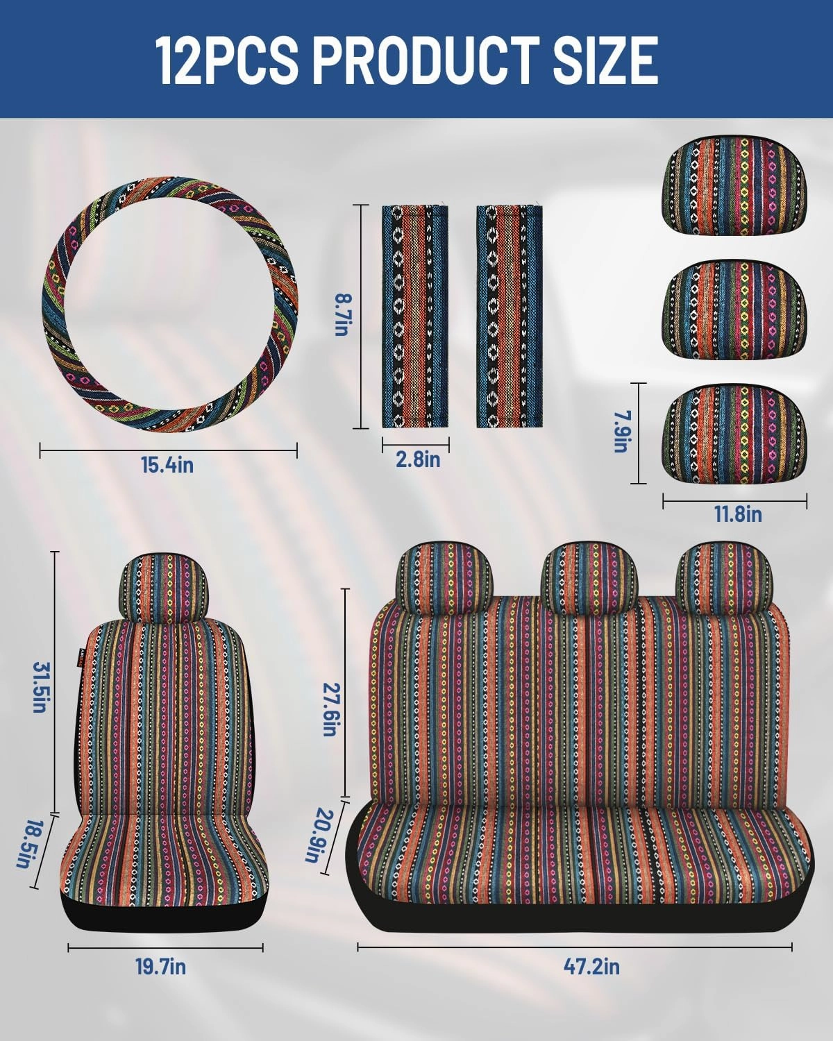 Baja Saddle Blanket Car Seat Covers Full Set with Seat Belt Pads and Steering Wheel Cover, Washable Breathable Striped Woven Cloth Seat Covers for Cars, SUV, Truck, (Red/Blue)