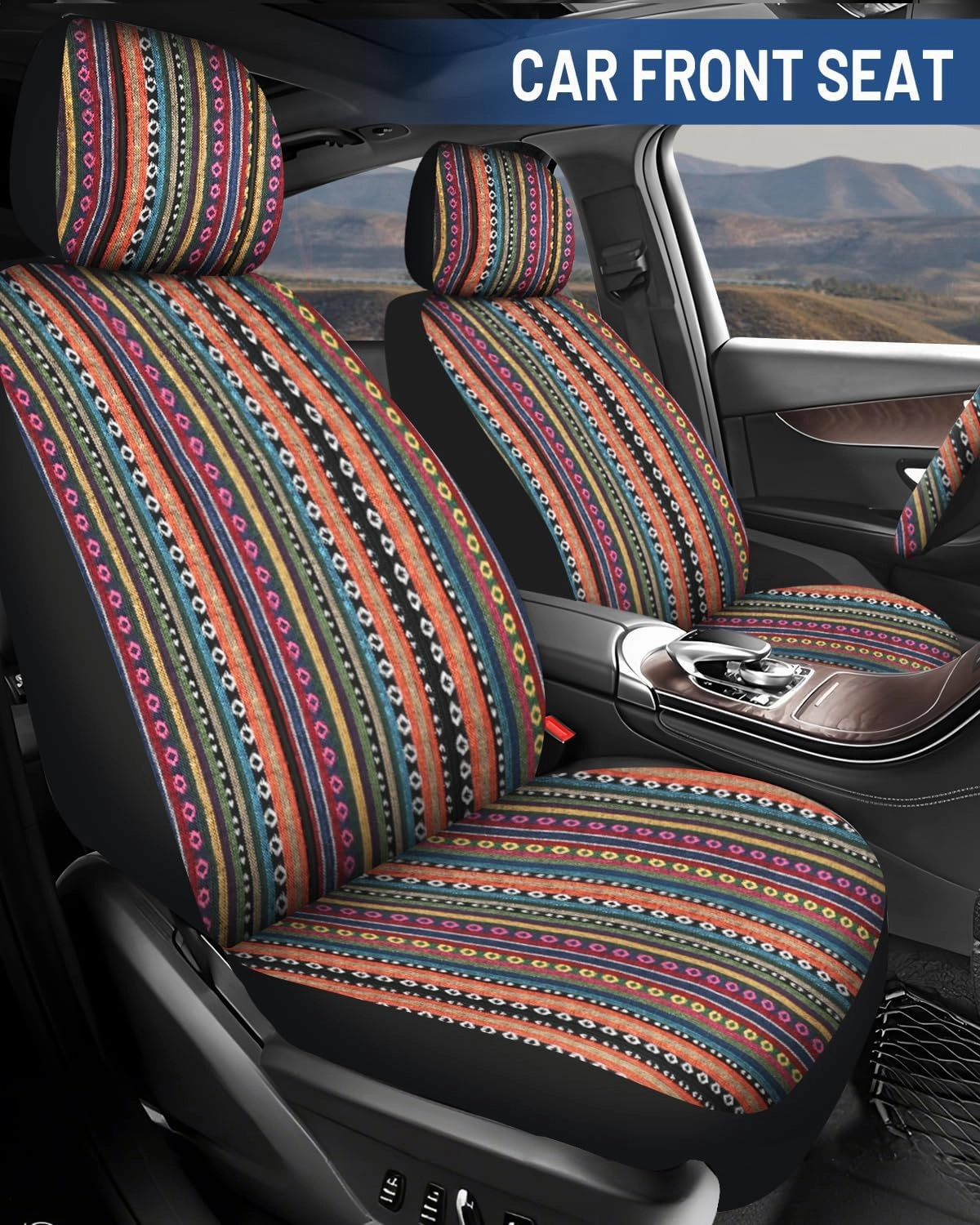 Baja Saddle Blanket Car Seat Covers Full Set with Seat Belt Pads and Steering Wheel Cover, Washable Breathable Striped Woven Cloth Seat Covers for Cars, SUV, Truck, (Red/Blue)