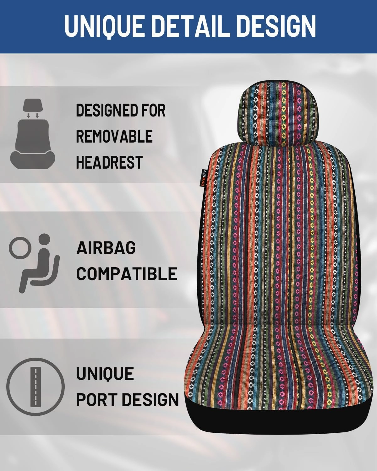 Baja Saddle Blanket Car Seat Covers Full Set with Seat Belt Pads and Steering Wheel Cover, Washable Breathable Striped Woven Cloth Seat Covers for Cars, SUV, Truck, (Red/Blue)