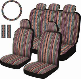 Baja Saddle Blanket Car Seat Covers Full Set with Seat Belt Pads and Steering Wheel Cover, Washable Breathable Striped Woven Cloth Seat Covers for Cars, SUV, Truck, (Red/Blue)