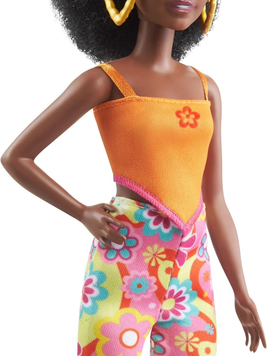 Barbie Fashionistas Doll #198, Petite with Curly Black Hair, Retro Floral Clothes & Accessories Including Platform Sandals & Earrings