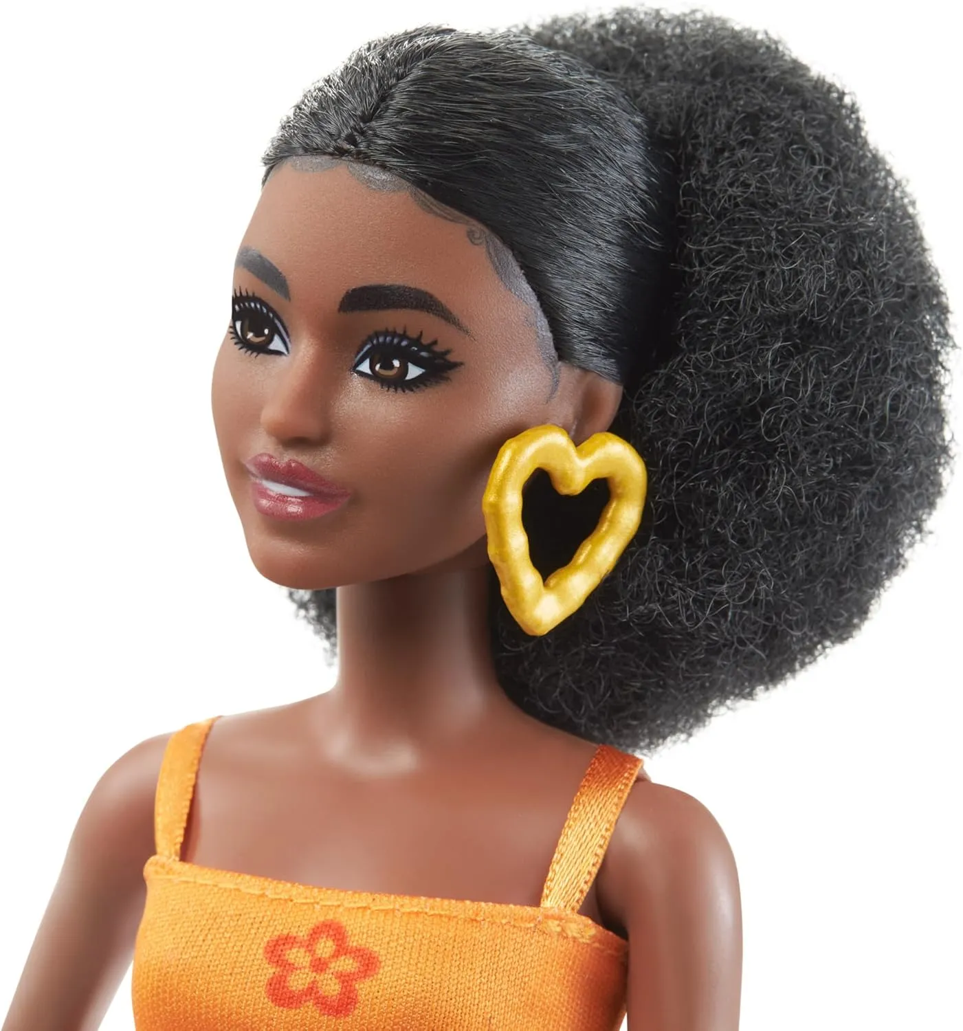 Barbie Fashionistas Doll #198, Petite with Curly Black Hair, Retro Floral Clothes & Accessories Including Platform Sandals & Earrings