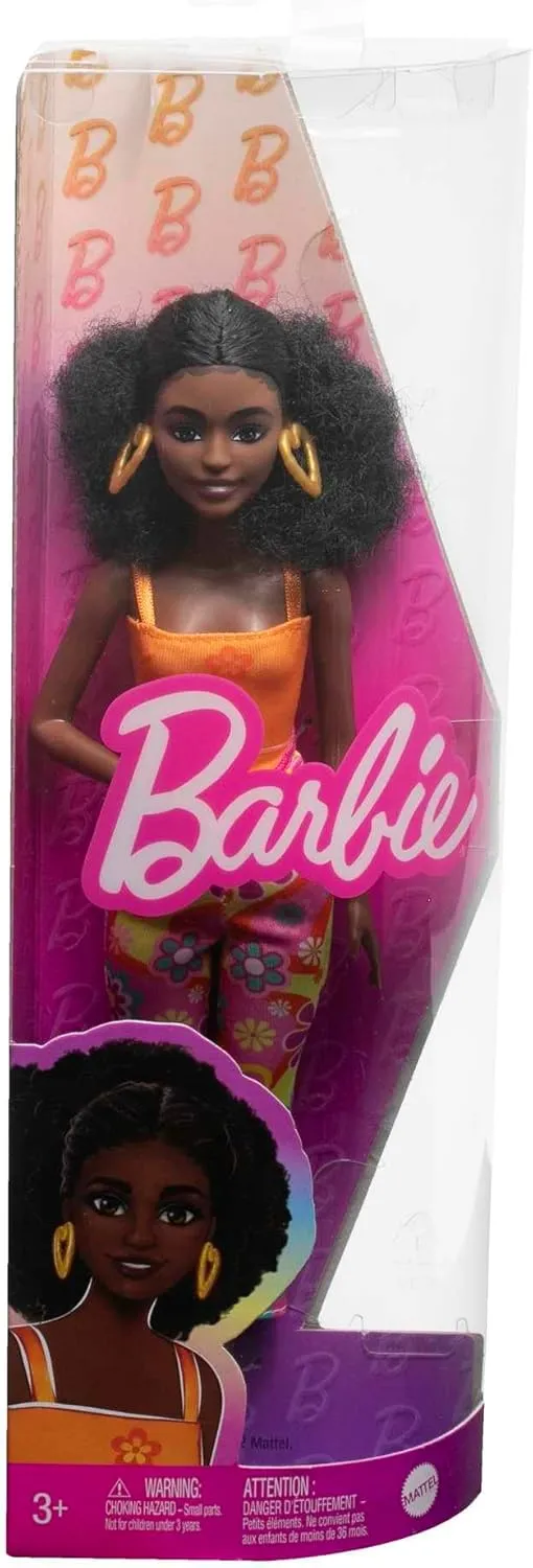 Barbie Fashionistas Doll #198, Petite with Curly Black Hair, Retro Floral Clothes & Accessories Including Platform Sandals & Earrings