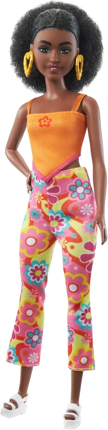 Barbie Fashionistas Doll #198, Petite with Curly Black Hair, Retro Floral Clothes & Accessories Including Platform Sandals & Earrings