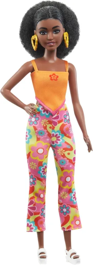 Barbie Fashionistas Doll #198, Petite with Curly Black Hair, Retro Floral Clothes & Accessories Including Platform Sandals & Earrings
