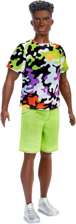 Barbie Fashionistas Ken Doll #123, Broad with Black Curly Hair Wearing Multi-Colored Camo Print Shirt, Neon Green Shorts & Silvery Sneakers