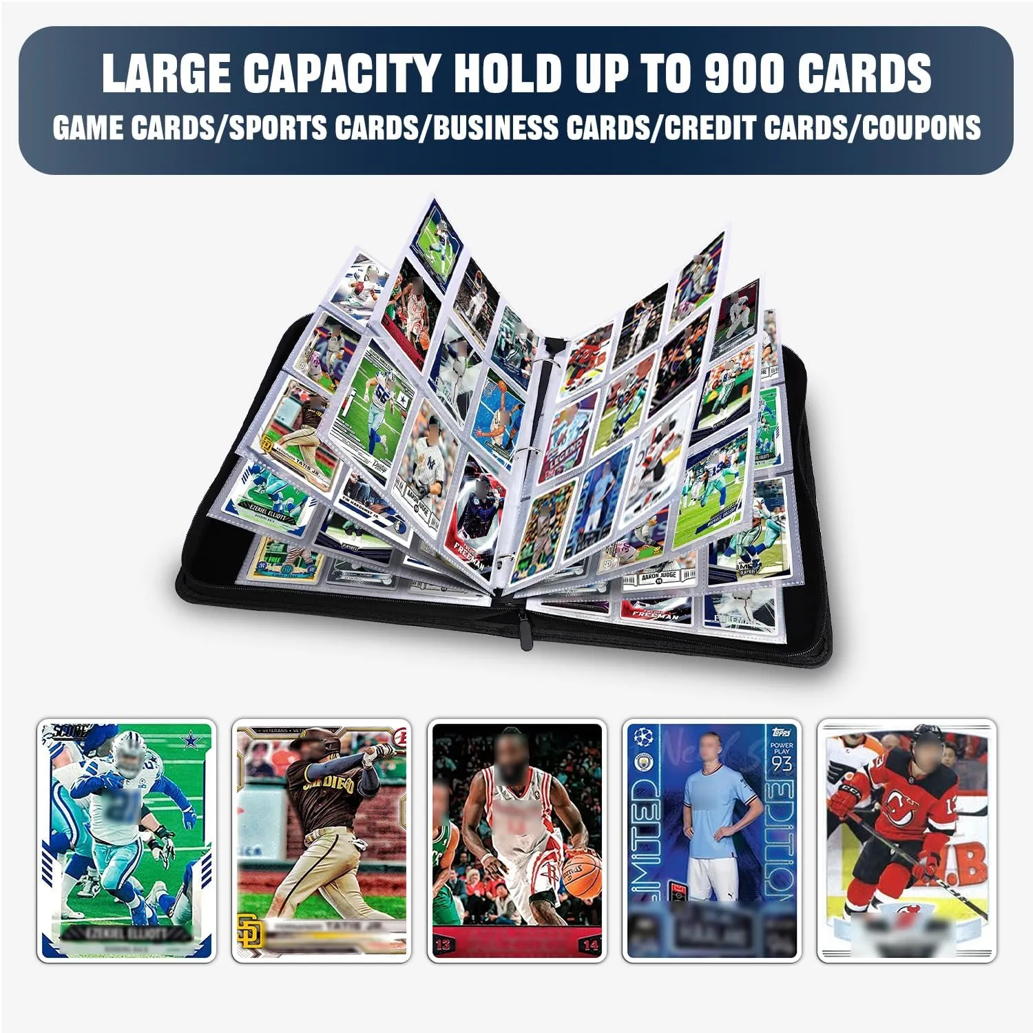 Baseball Card Binder, Card Binder 900 Pockets, Sports Card Albums Fits 900 Cards with 50 Removable Sleeves, Zipper Collectible Card Holder Organizer for Trading Cards, Baseball Gifts for Boys