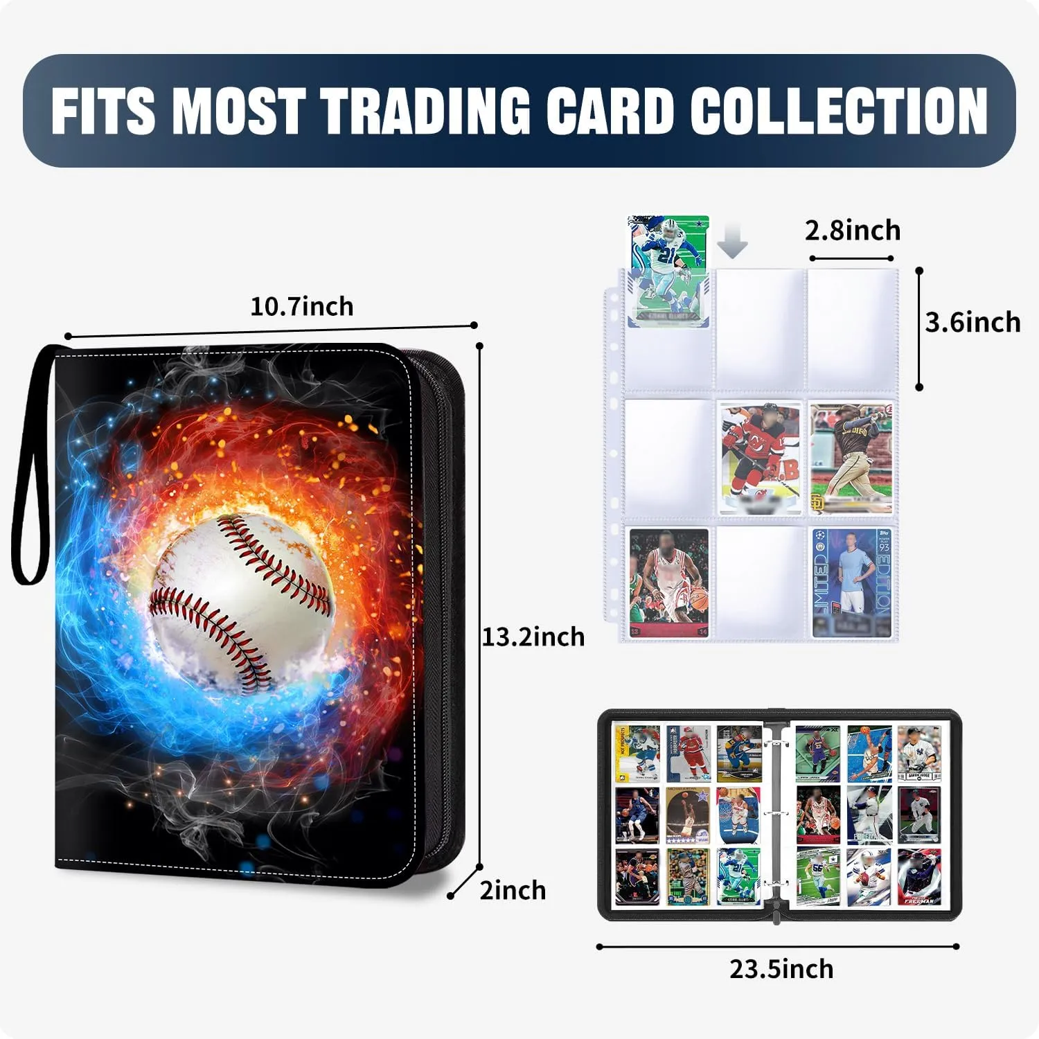 Baseball Card Binder, Card Binder 900 Pockets, Sports Card Albums Fits 900 Cards with 50 Removable Sleeves, Zipper Collectible Card Holder Organizer for Trading Cards, Baseball Gifts for Boys