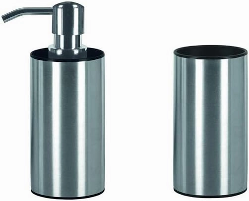 Bathroom Accessories Set - 2 Pieces - Scope Bathroom Tumbler and Soap Dispenser - Stainless Steel/Polypropylen - Elegant Classic Design - Silver