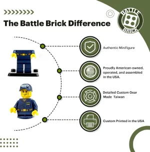 Battle Brick 1.6 Inches Tall Collectible Navy Crew Member Custom Minifigure | Genuine Military Minifig | Sailor Printed in USA | Great Gift for Ages 8  to Adult AFOL