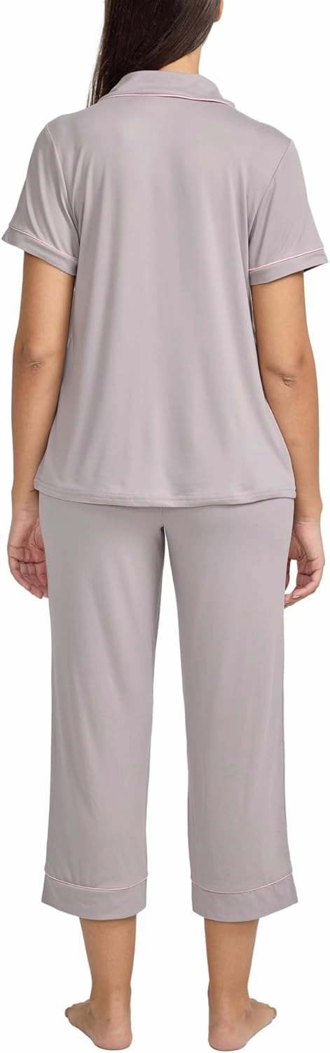 BCBGMAXAZRIA Women's Pajama Set Short Sleeve Notch Collar with Pants