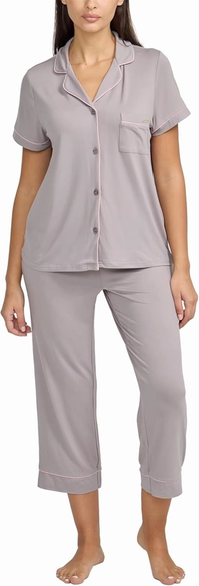 BCBGMAXAZRIA Women's Pajama Set Short Sleeve Notch Collar with Pants