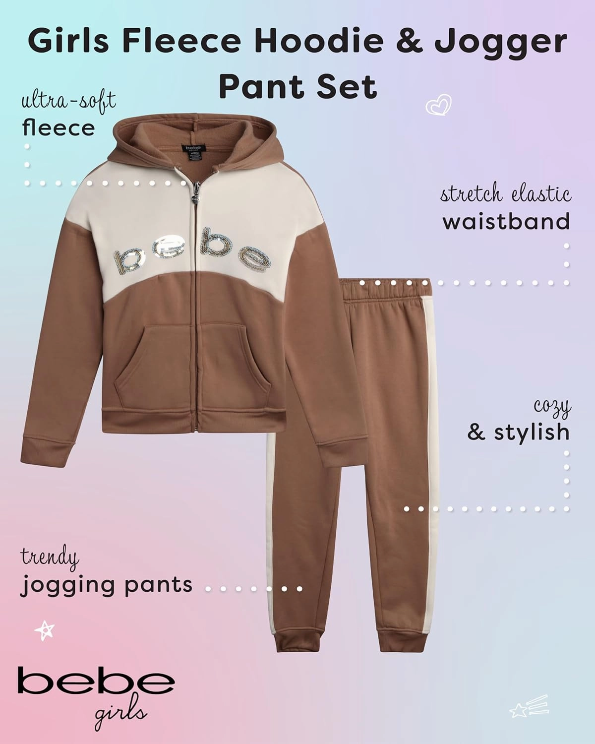 bebe Girls' Jogger Set - 2 Piece Sequin Fleece Zip Up Hoodie and Jogger Pants - Cute Matching Outfits for Girls (Sizes: 7-12)