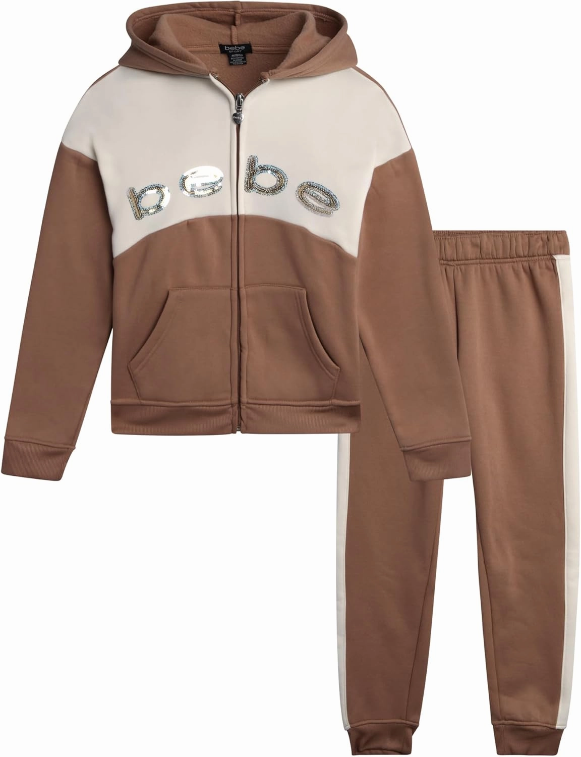 bebe Girls' Jogger Set - 2 Piece Sequin Fleece Zip Up Hoodie and Jogger Pants - Cute Matching Outfits for Girls (Sizes: 7-12)