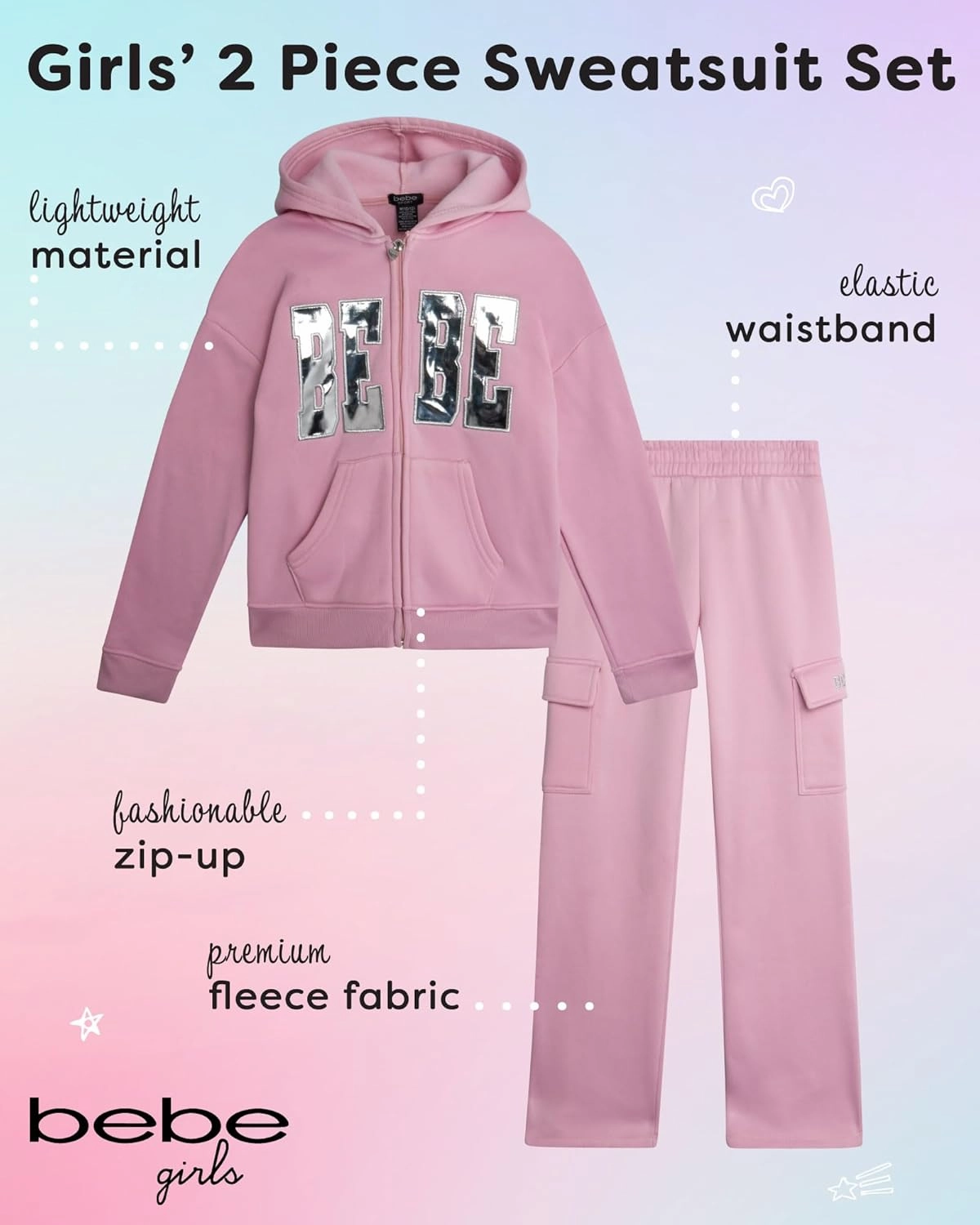 bebe Girls' Sweatsuit Set - 2 Piece Soft Fleece Full Zip Up Hoodie and Cargo Pants Set for Girls (7-12)