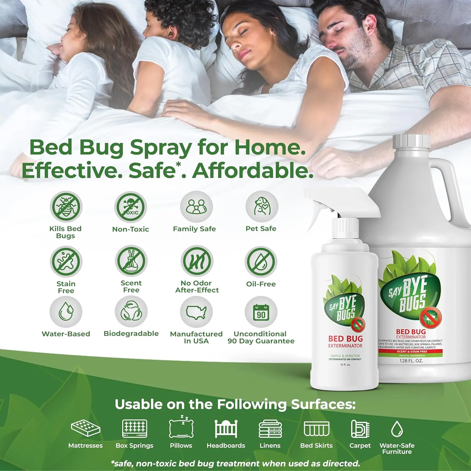 Bed Bug Spray for Getting Rid of Bed Bugs Permanently. Say Bye Bugs - a Non-Toxic, Kills on Contact Treatment That Doesn't Stain & is Odor Free. Simply Shake & Spray. (3X 16oz).