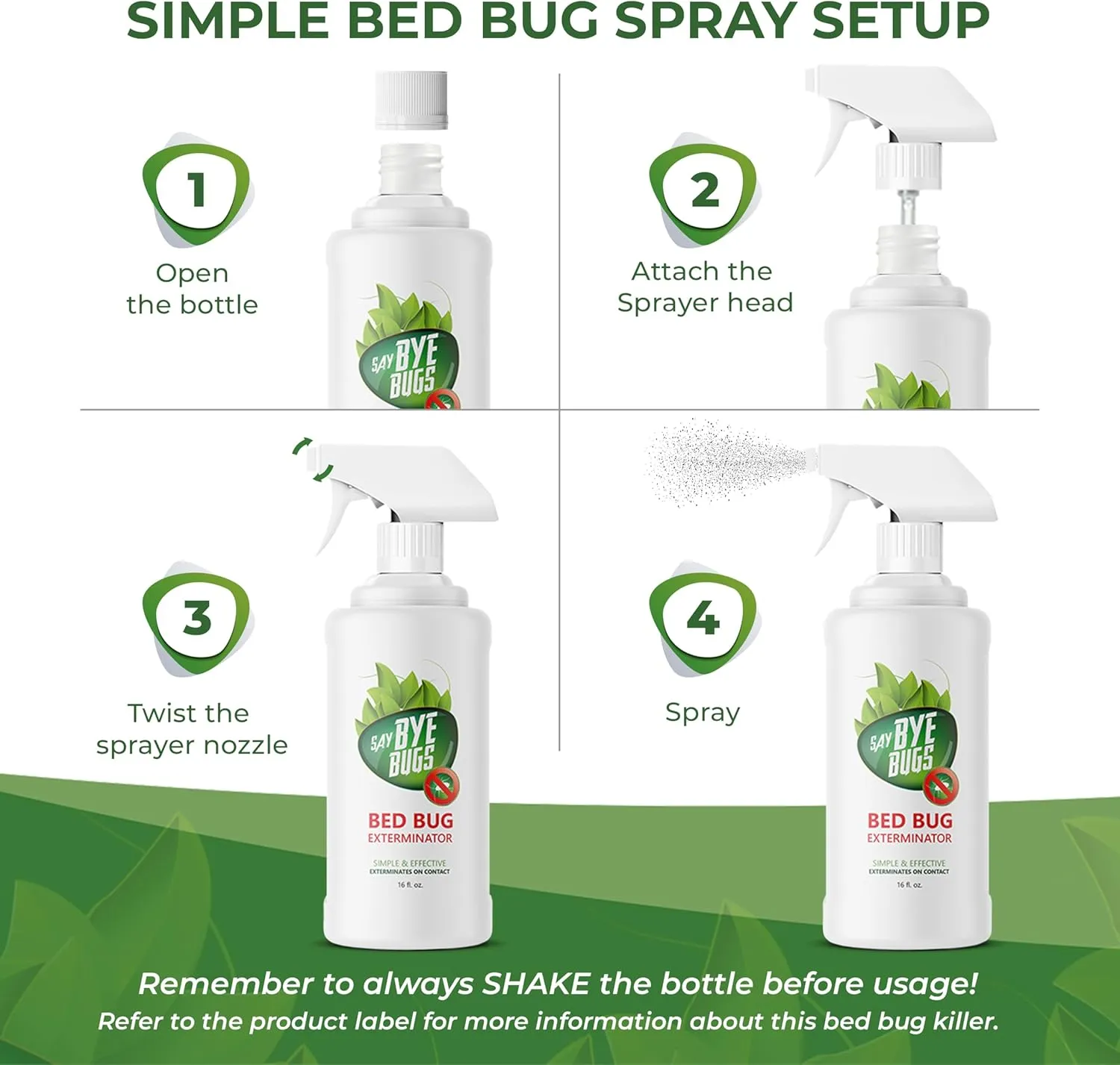Bed Bug Spray for Getting Rid of Bed Bugs Permanently. Say Bye Bugs - a Non-Toxic, Kills on Contact Treatment That Doesn't Stain & is Odor Free. Simply Shake & Spray. (3X 16oz).