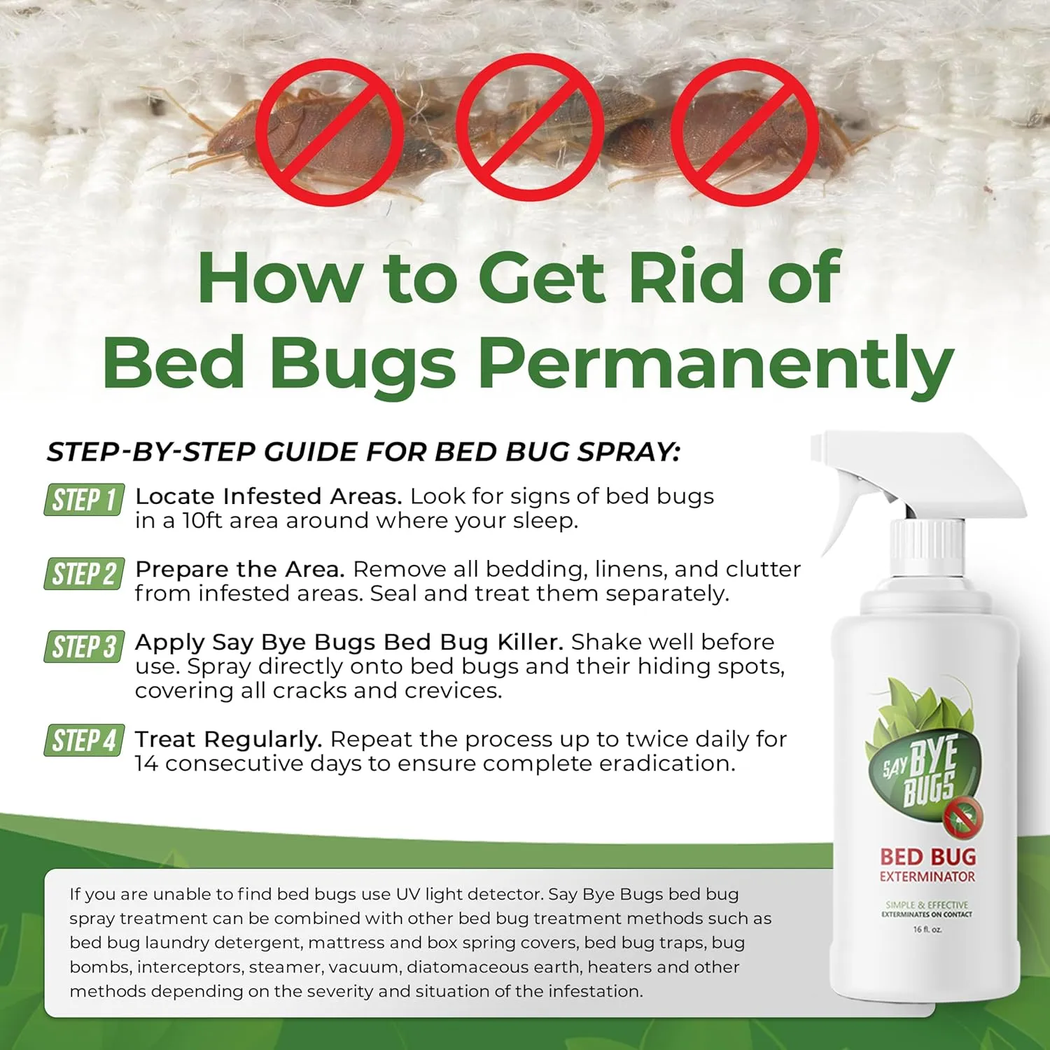 Bed Bug Spray for Getting Rid of Bed Bugs Permanently. Say Bye Bugs - a Non-Toxic, Kills on Contact Treatment That Doesn't Stain & is Odor Free. Simply Shake & Spray. (3X 16oz).