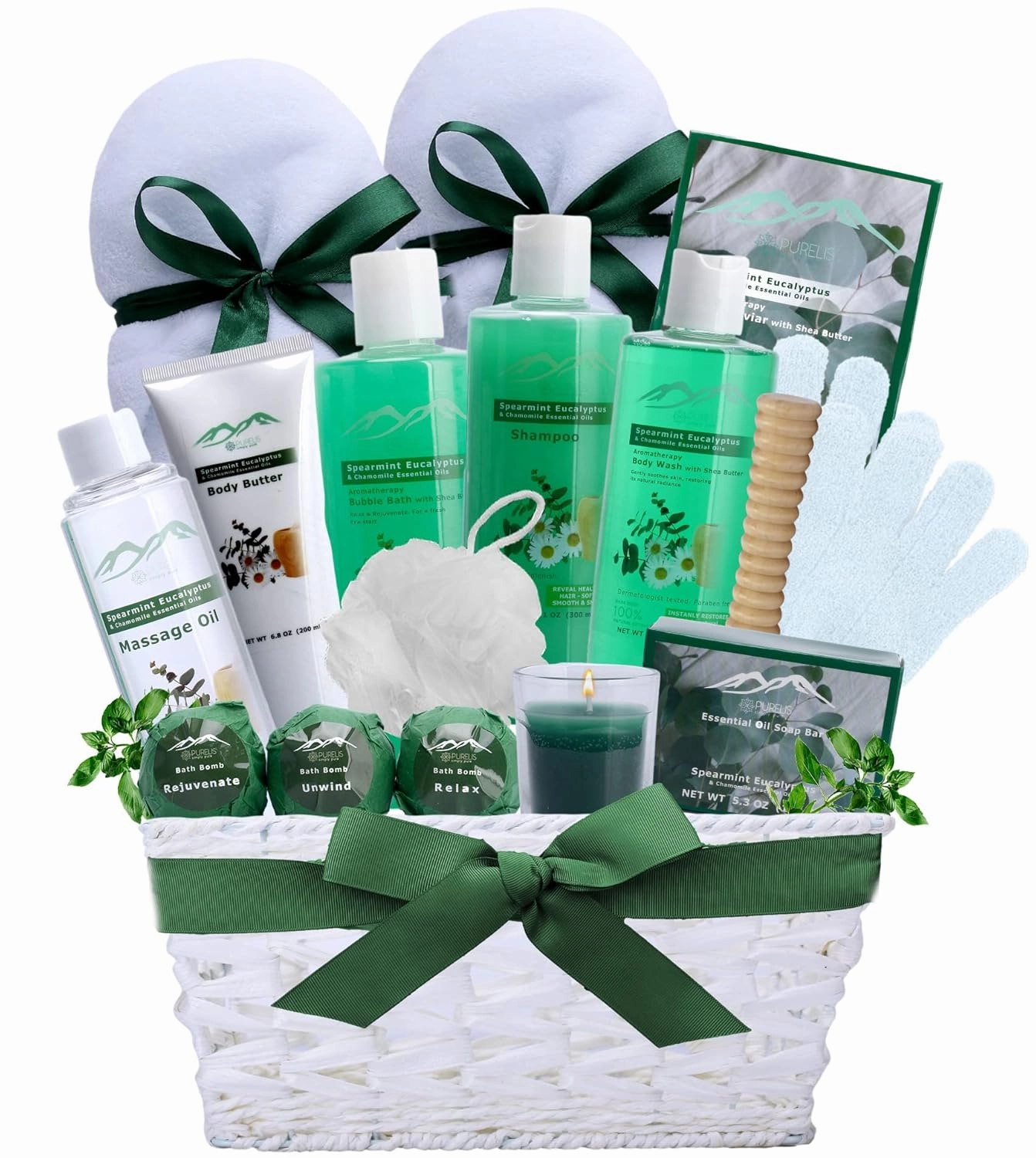 Bed Bath & Body Spa Gift Basket. Spearmint Eucalyptus Pampering XL Bath Basket for Relaxing Gift. Natural & Sulfate Free Relaxation Gift Care Package for Men & Women. Best Bath Gift Set