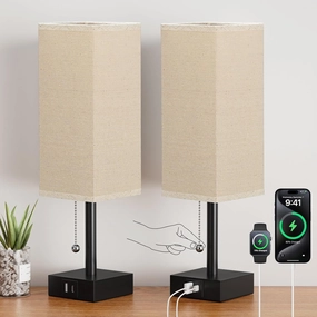 Beige Bedside Table Lamps Set of 2 - Square Bedroom Lamps with 3 Color Temperatures (3000K/5000K/4000K), Nightstand Lamps with USB C   A Charging Ports, Pull Chain Small Night Light for End Table