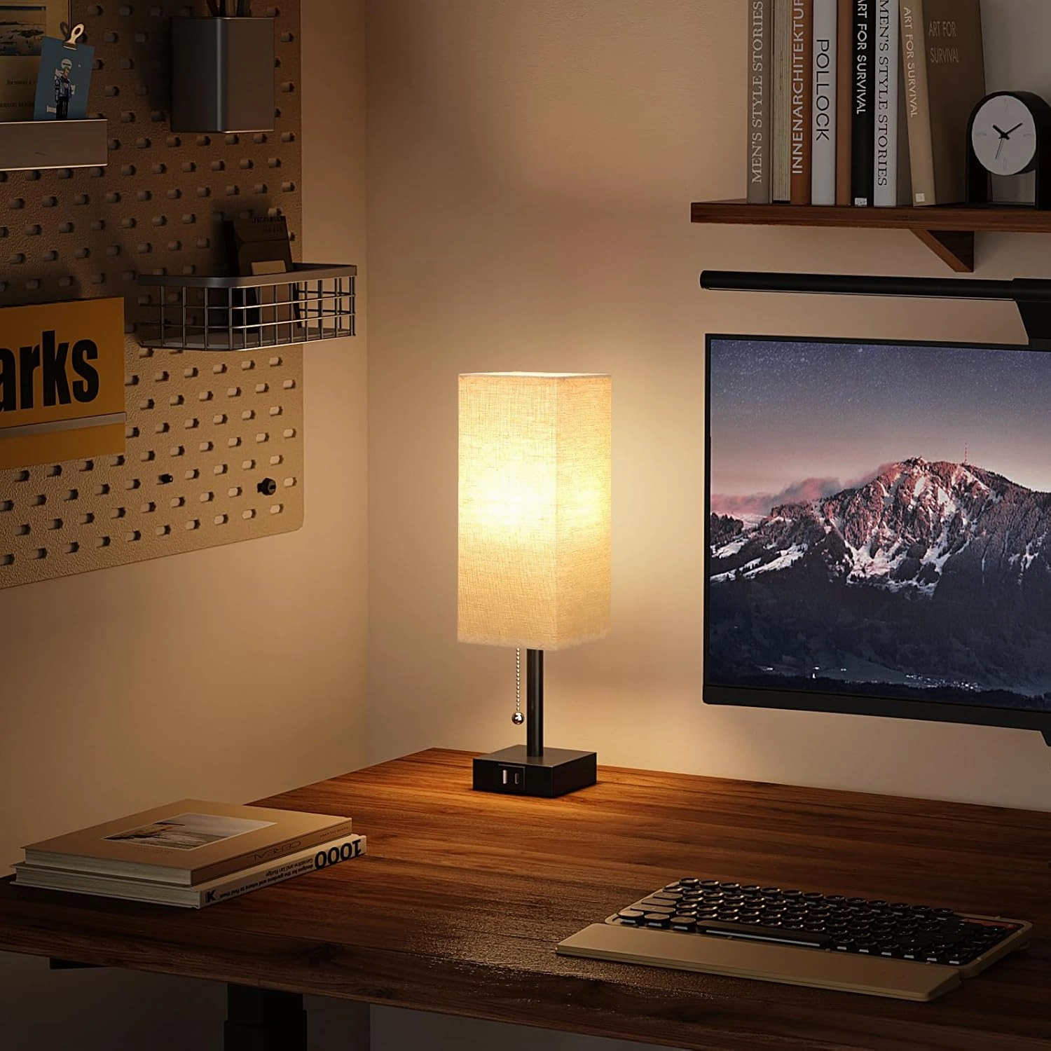 Beige Bedside Table Lamps Set of 2 - Square Bedroom Lamps with 3 Color Temperatures (3000K/5000K/4000K), Nightstand Lamps with USB C   A Charging Ports, Pull Chain Small Night Light for End Table