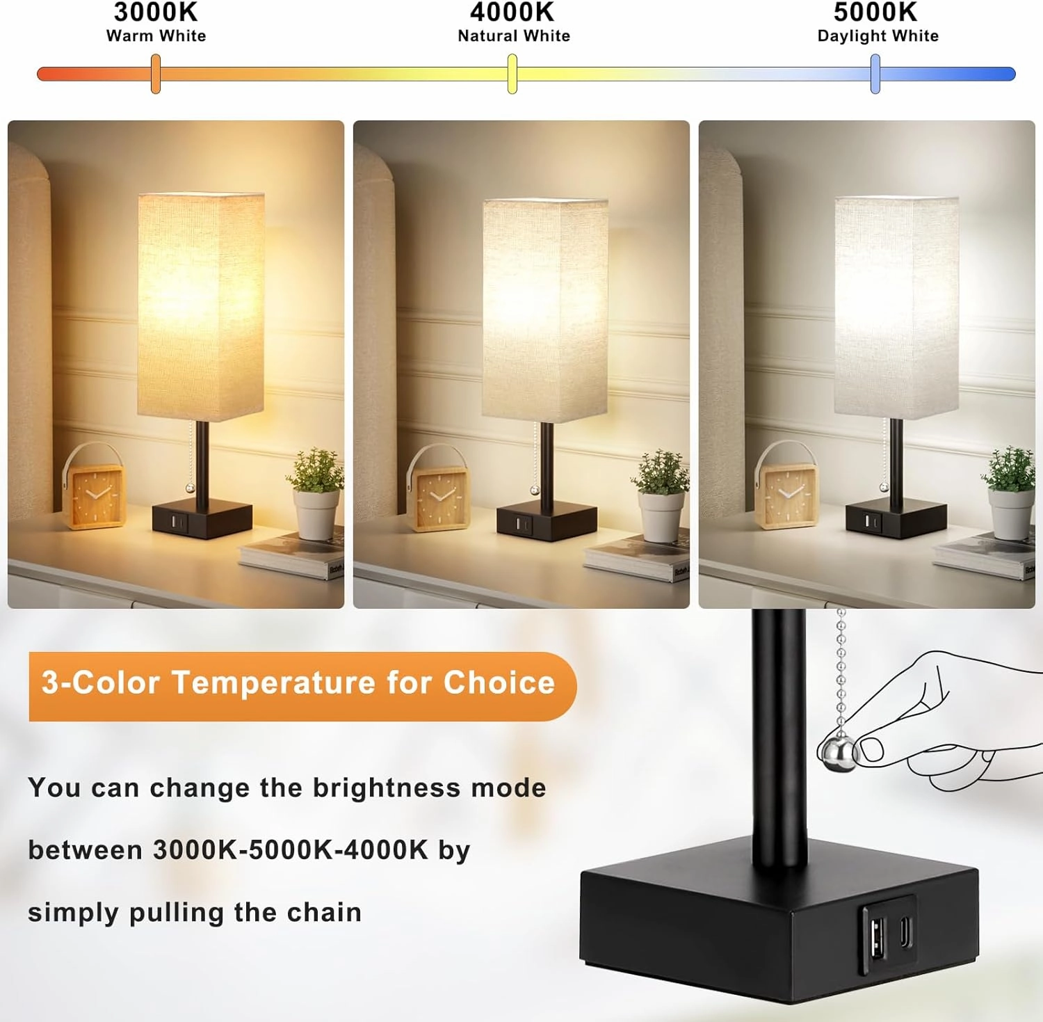 Beige Bedside Table Lamps Set of 2 - Square Bedroom Lamps with 3 Color Temperatures (3000K/5000K/4000K), Nightstand Lamps with USB C   A Charging Ports, Pull Chain Small Night Light for End Table