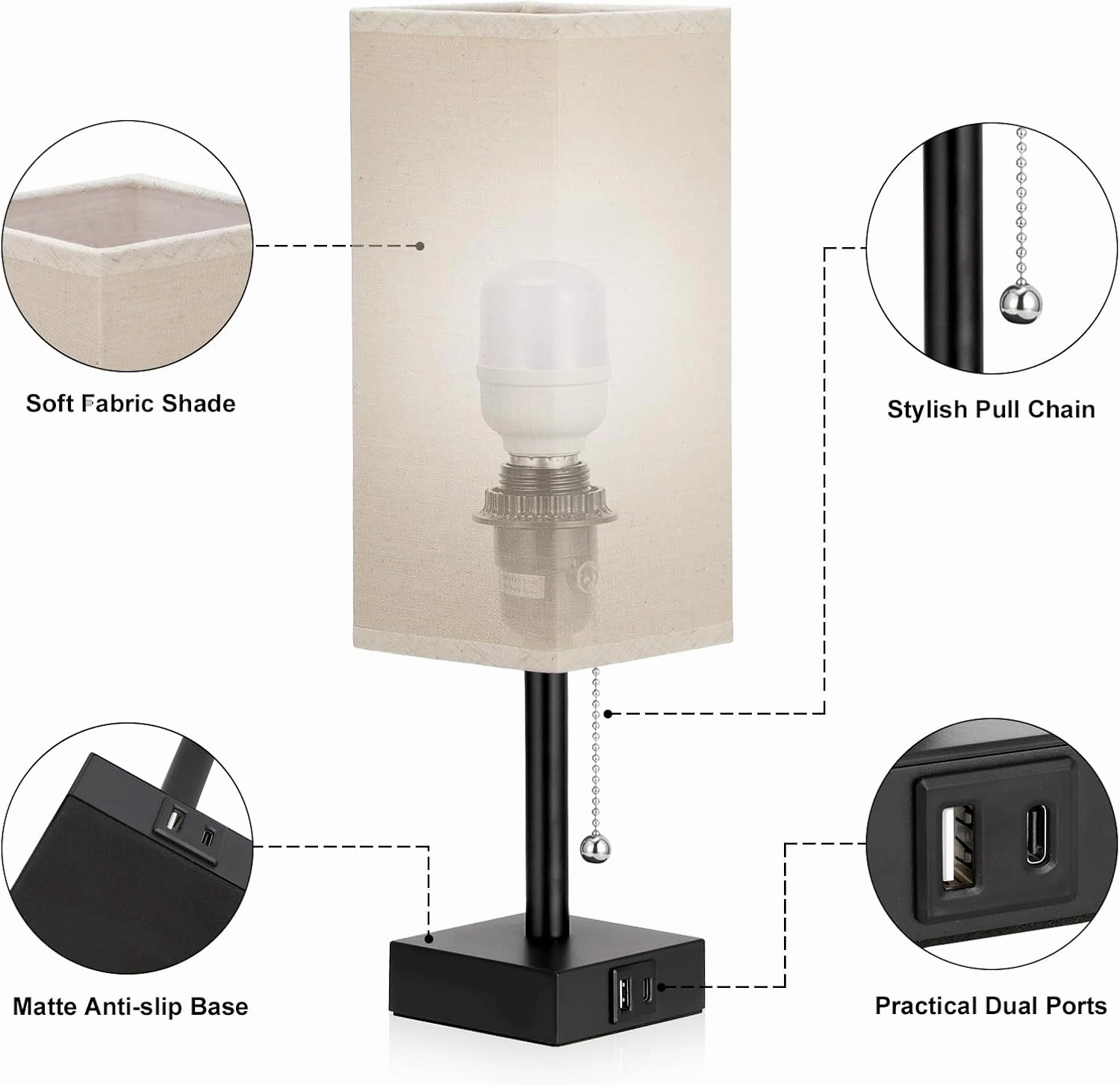 Beige Bedside Table Lamps Set of 2 - Square Bedroom Lamps with 3 Color Temperatures (3000K/5000K/4000K), Nightstand Lamps with USB C   A Charging Ports, Pull Chain Small Night Light for End Table