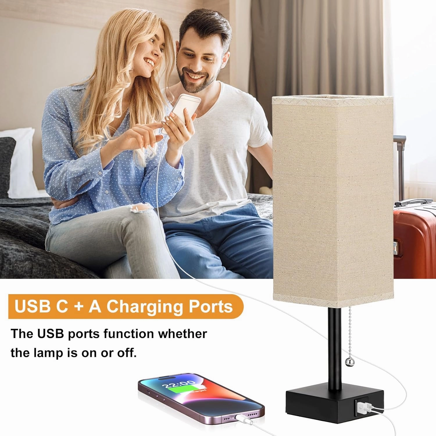 Beige Bedside Table Lamps Set of 2 - Square Bedroom Lamps with 3 Color Temperatures (3000K/5000K/4000K), Nightstand Lamps with USB C   A Charging Ports, Pull Chain Small Night Light for End Table