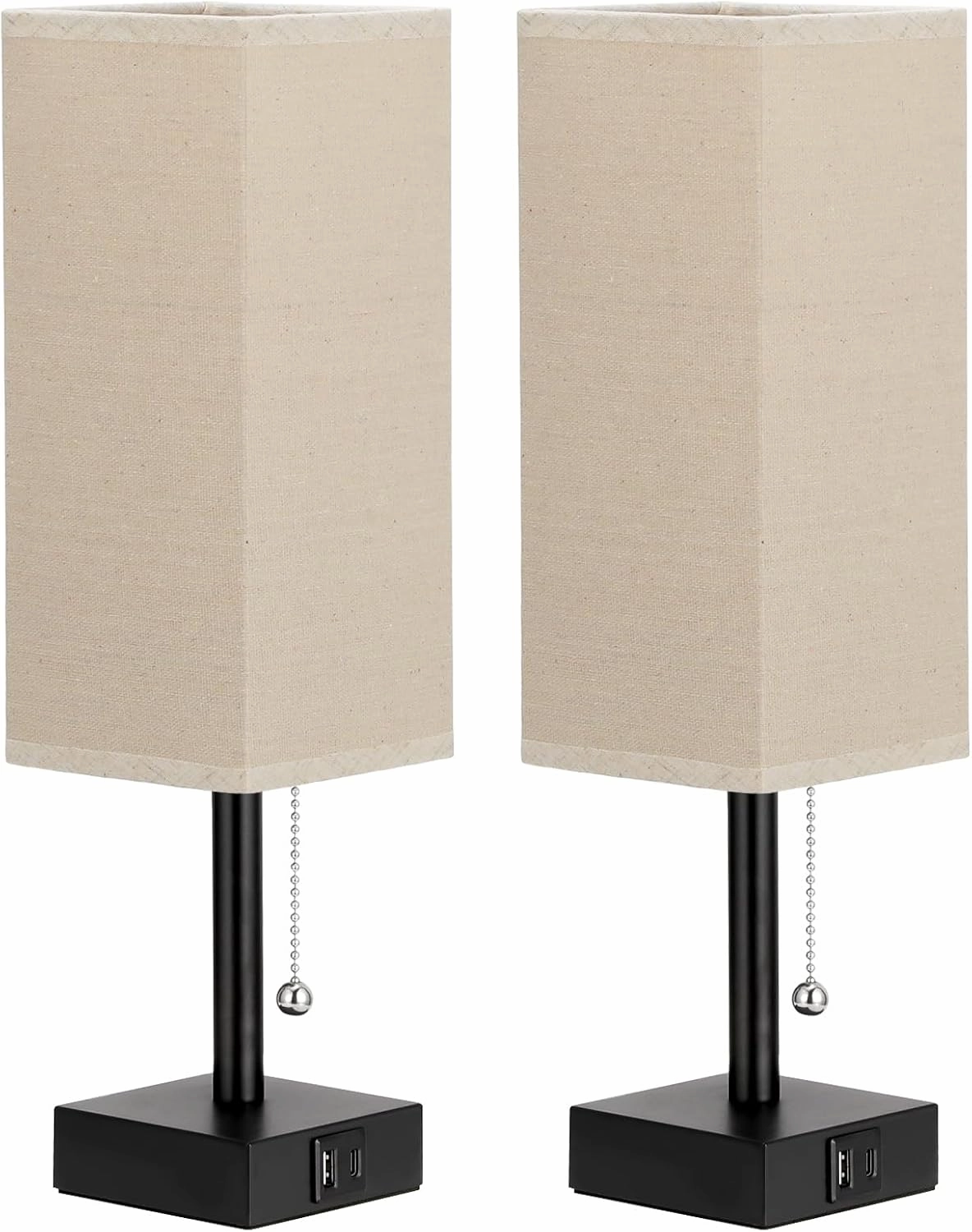 Beige Bedside Table Lamps Set of 2 - Square Bedroom Lamps with 3 Color Temperatures (3000K/5000K/4000K), Nightstand Lamps with USB C   A Charging Ports, Pull Chain Small Night Light for End Table