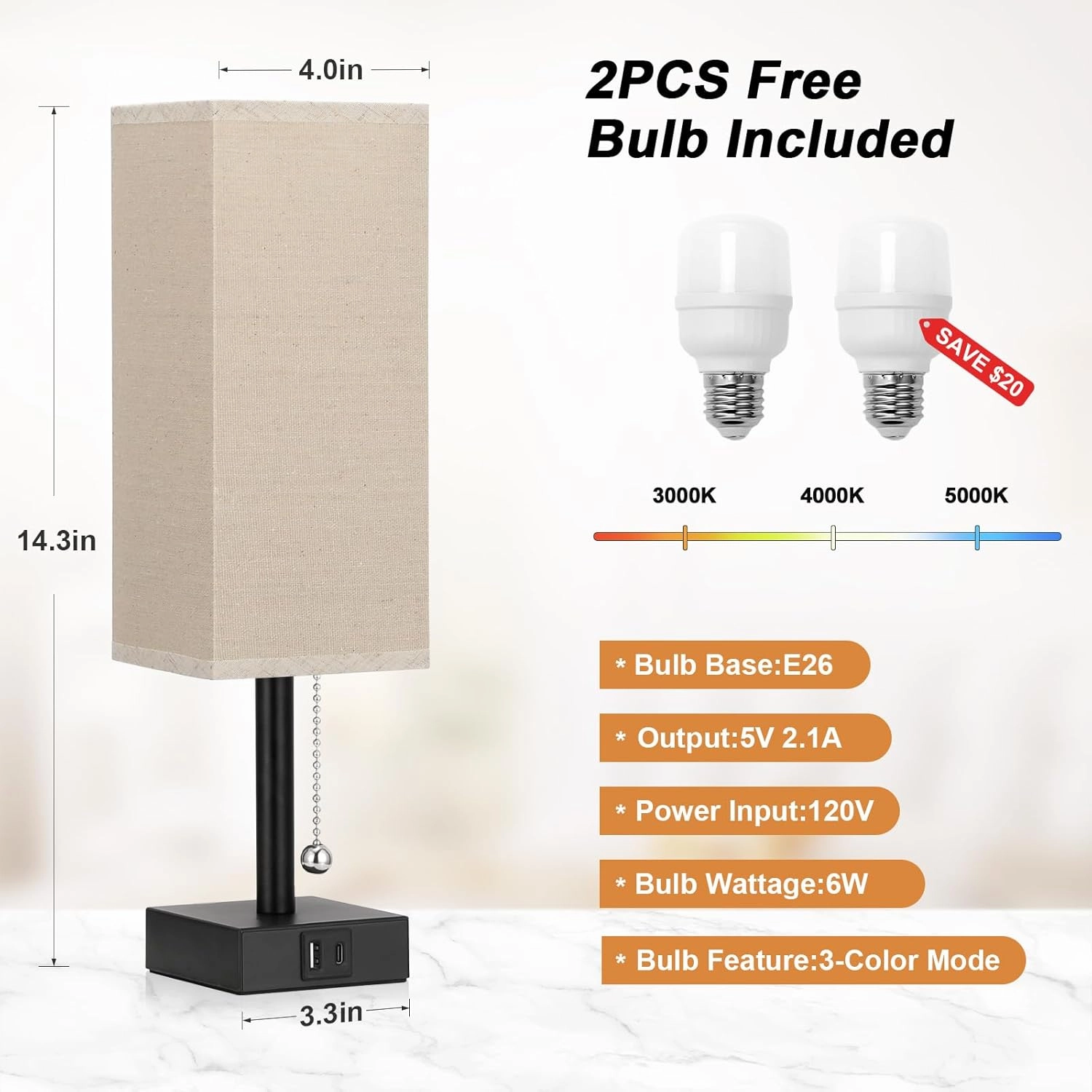Beige Bedside Table Lamps Set of 2 - Square Bedroom Lamps with 3 Color Temperatures (3000K/5000K/4000K), Nightstand Lamps with USB C   A Charging Ports, Pull Chain Small Night Light for End Table