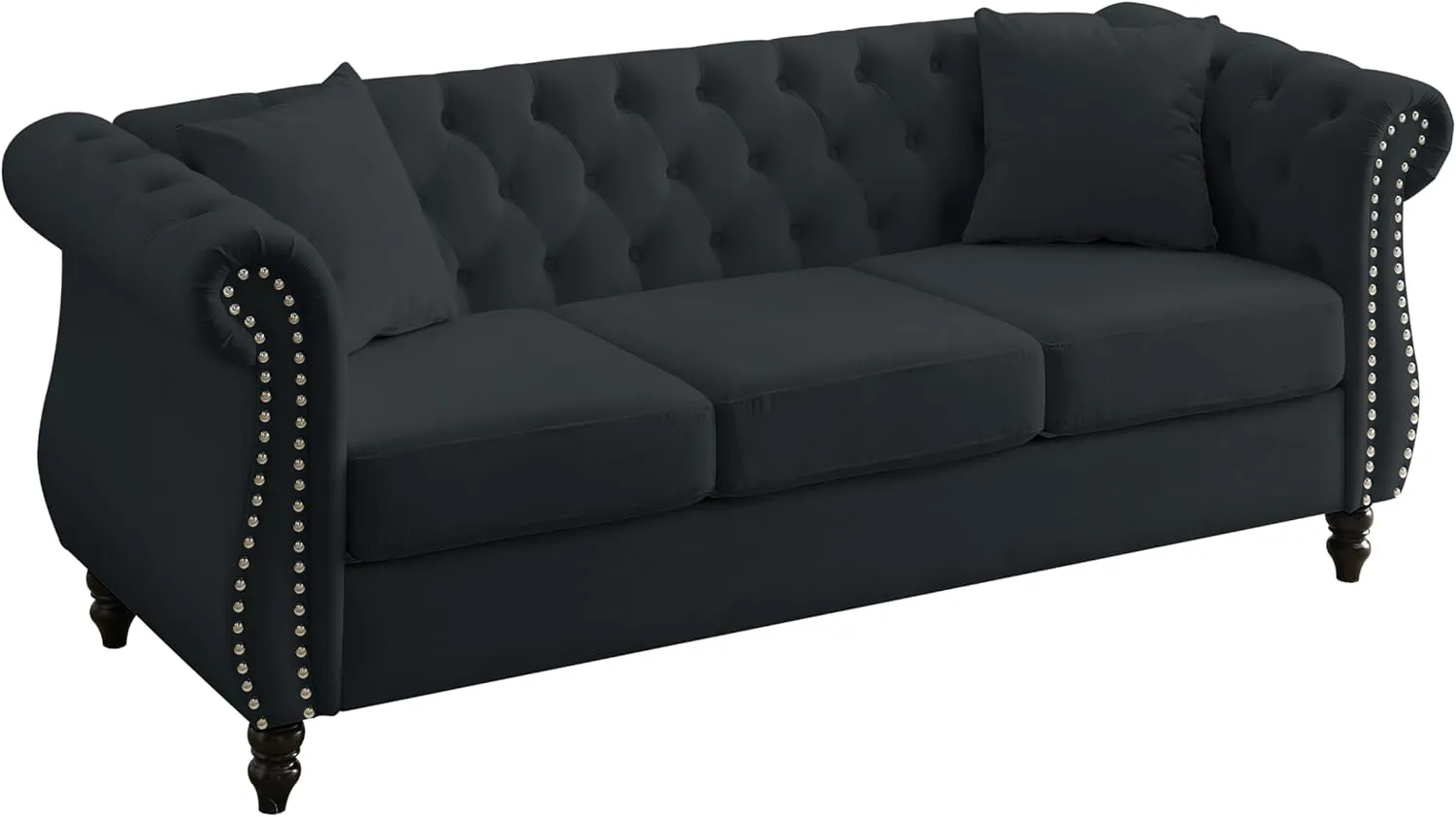 Bellemave 2 Piece Chesterfield Sofa Set for 6, 3 Seater   3 Seater Sofa Set, Velvet Upholstered Tufted Couch Set, 80" Couch and Couch Set with Nailhead & Rolled Arms & Pillows for Living Room (Black)
