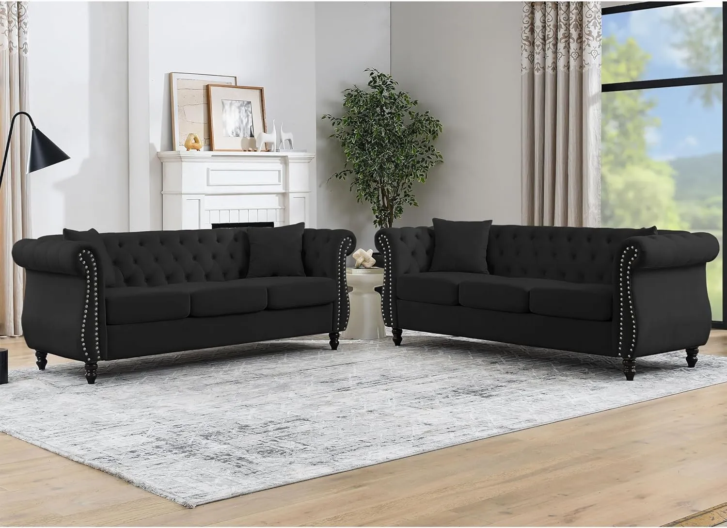 Bellemave 2 Piece Chesterfield Sofa Set for 6, 3 Seater   3 Seater Sofa Set, Velvet Upholstered Tufted Couch Set, 80" Couch and Couch Set with Nailhead & Rolled Arms & Pillows for Living Room (Black)