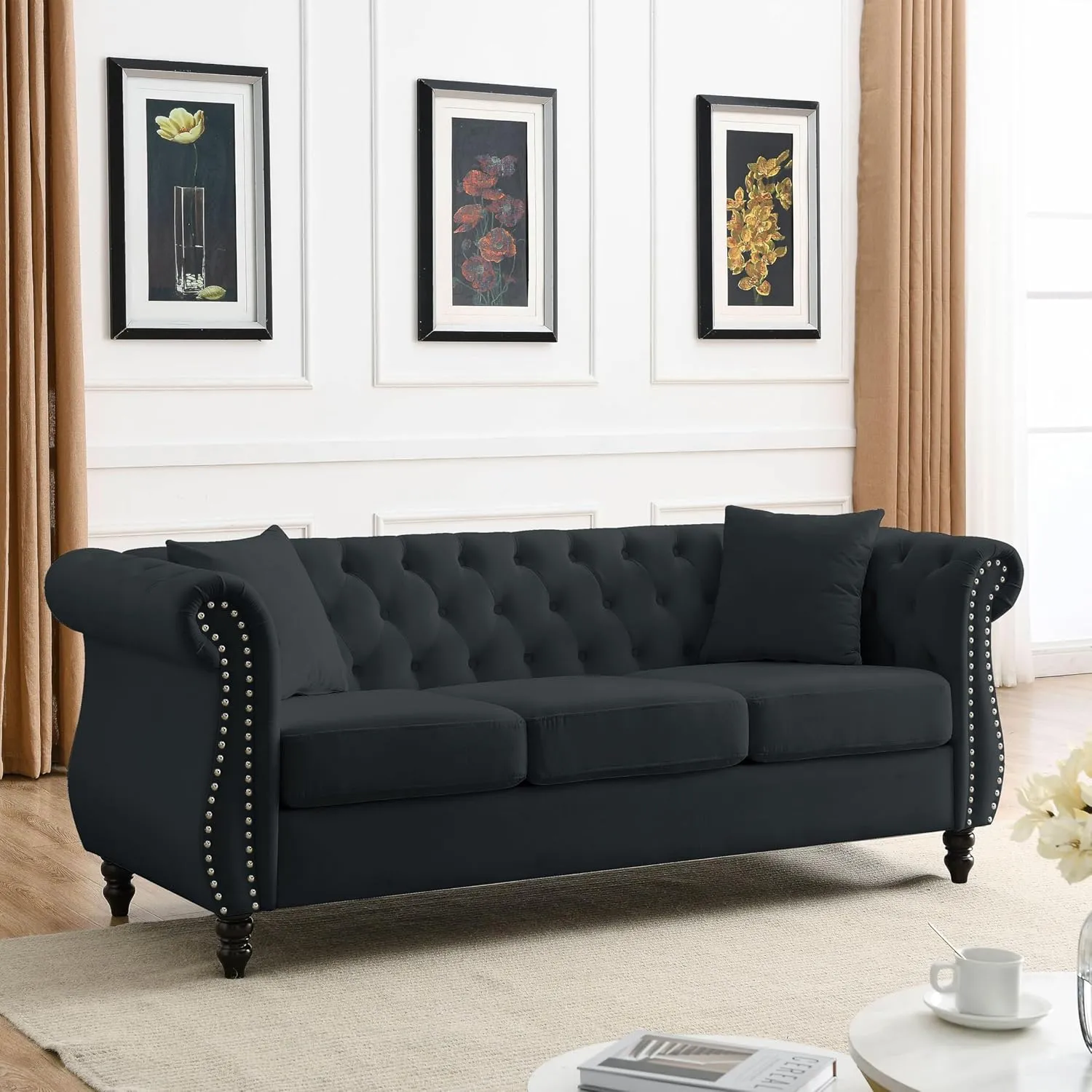 Bellemave 2 Piece Chesterfield Sofa Set for 6, 3 Seater   3 Seater Sofa Set, Velvet Upholstered Tufted Couch Set, 80" Couch and Couch Set with Nailhead & Rolled Arms & Pillows for Living Room (Black)