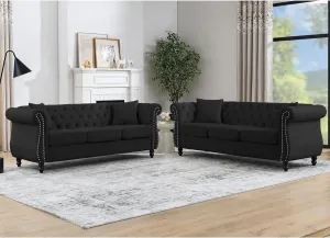Bellemave 2 Piece Chesterfield Sofa Set for 6, 3 Seater   3 Seater Sofa Set, Velvet Upholstered Tufted Couch Set, 80" Couch and Couch Set with Nailhead & Rolled Arms & Pillows for Living Room (Black)