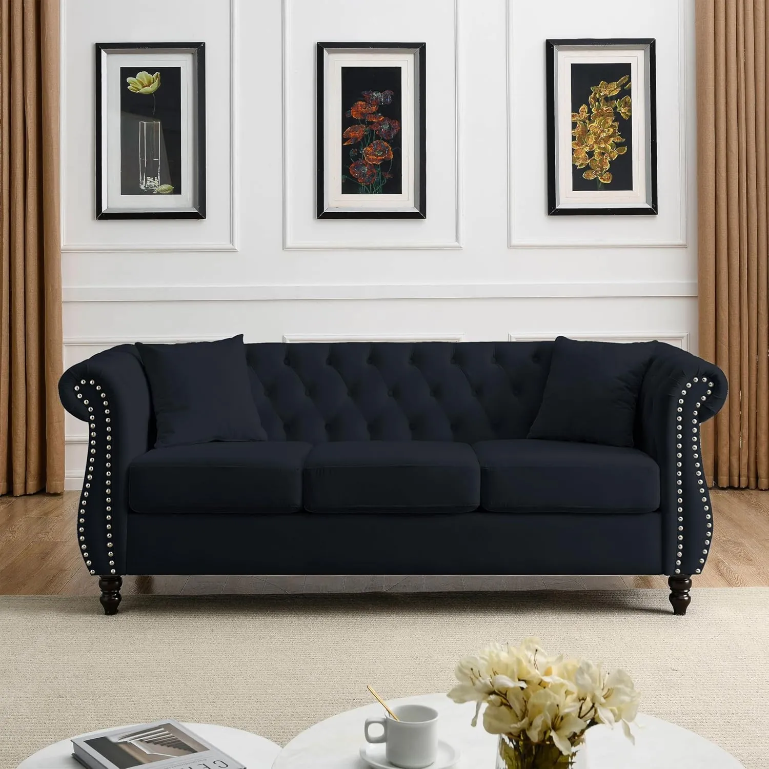 Bellemave 2 Piece Chesterfield Sofa Set for 6, 3 Seater   3 Seater Sofa Set, Velvet Upholstered Tufted Couch Set, 80" Couch and Couch Set with Nailhead & Rolled Arms & Pillows for Living Room (Black)