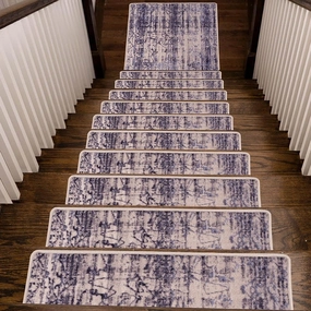 Benissimo, 13 1 Stair Treads Carpet with Landing Slip Resistant Stair Rugs, Cotton, Set of 13 (9"x32")   1 (31"x31") Runner for Indoor Wooden Steps, Printed Design, Deep Ocean