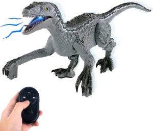 Berry President Remote Control Dinosaur Toys for Kids 6 7 8 9  Velociraptor Electric Toys with Light and Realistic Roaring Sound，Infrared RC Toys for Boys Kids (Grey)