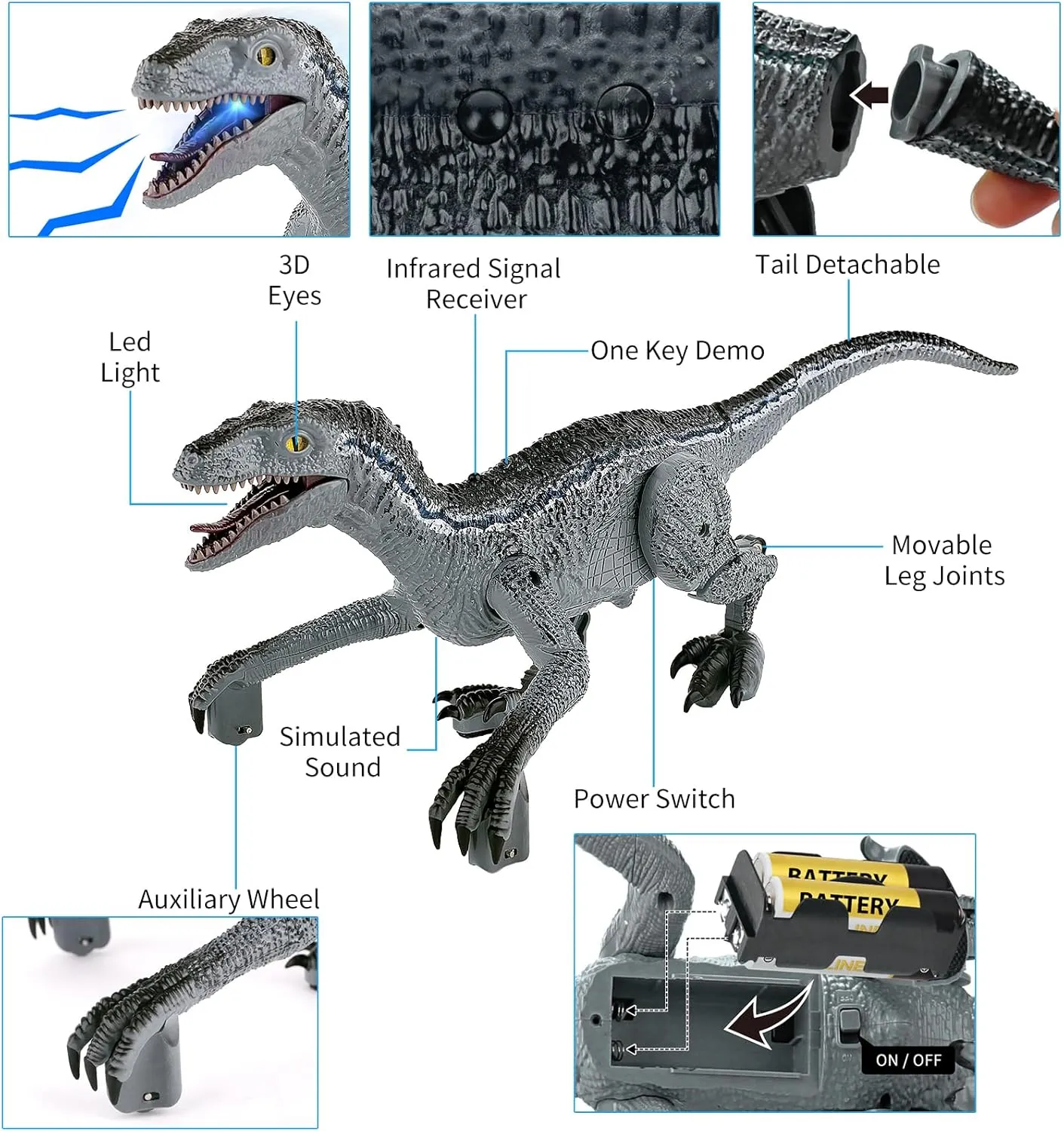 Berry President Remote Control Dinosaur Toys for Kids 6 7 8 9  Velociraptor Electric Toys with Light and Realistic Roaring Sound，Infrared RC Toys for Boys Kids (Grey)