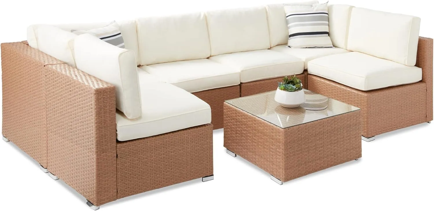 Best Choice Products 7-Piece Modular Outdoor Sectional Wicker Patio Conversation Set w/ 2 Pillows, Coffee Table, Cover Included - Natural/Ivory