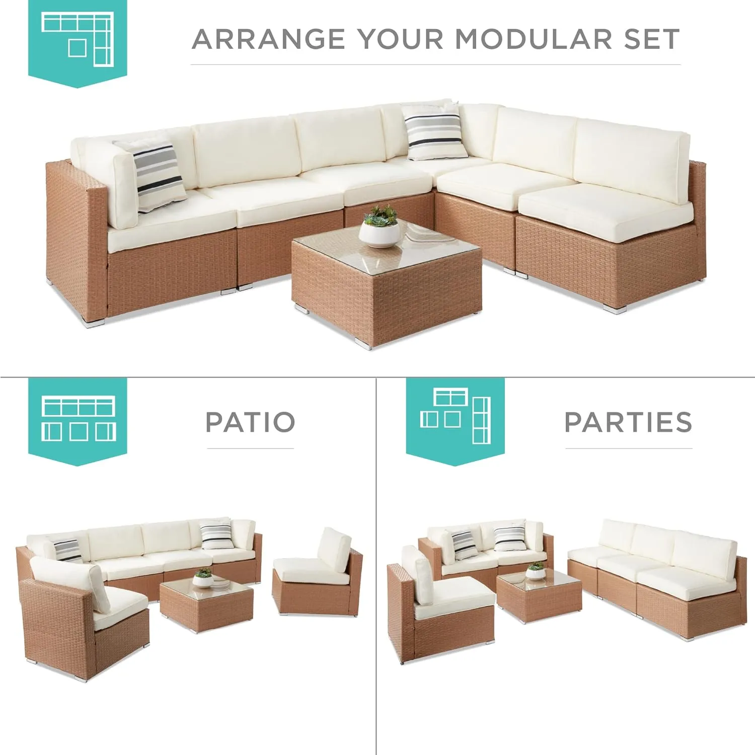 Best Choice Products 7-Piece Modular Outdoor Sectional Wicker Patio Conversation Set w/ 2 Pillows, Coffee Table, Cover Included - Natural/Ivory