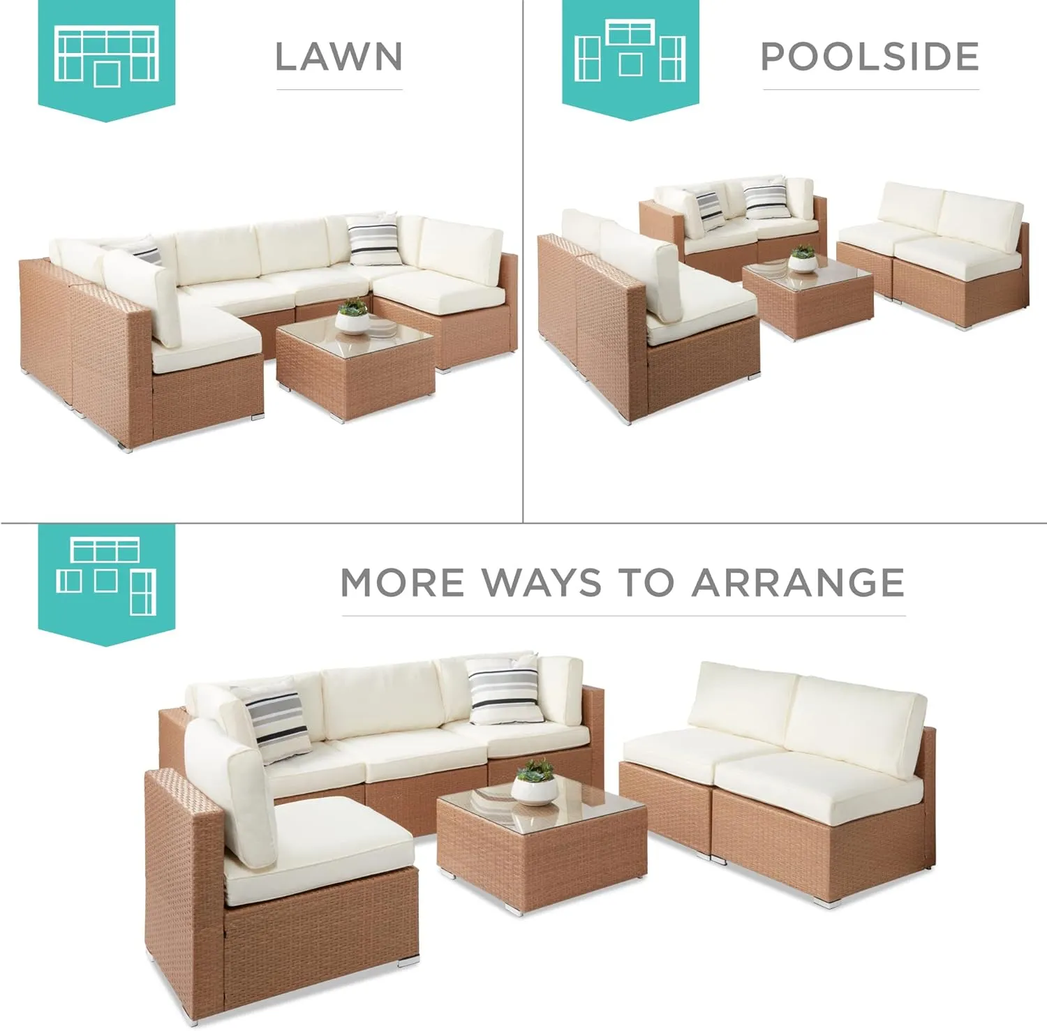 Best Choice Products 7-Piece Modular Outdoor Sectional Wicker Patio Conversation Set w/ 2 Pillows, Coffee Table, Cover Included - Natural/Ivory