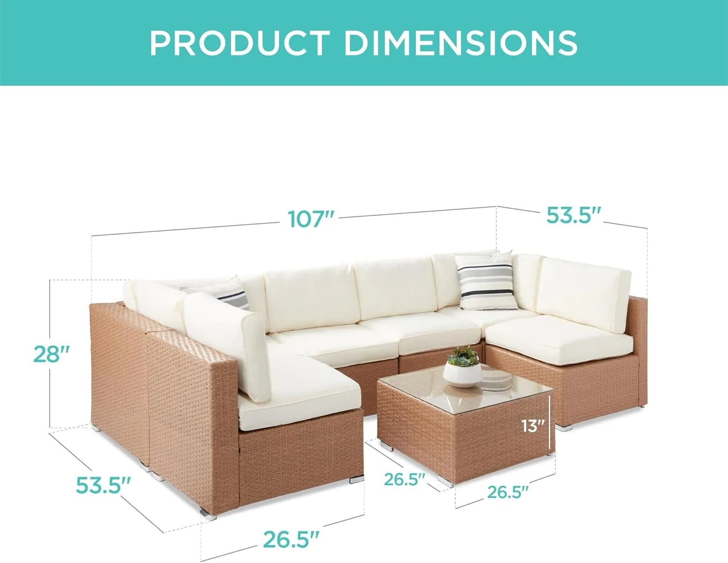 Best Choice Products 7-Piece Modular Outdoor Sectional Wicker Patio Conversation Set w/ 2 Pillows, Coffee Table, Cover Included - Natural/Ivory