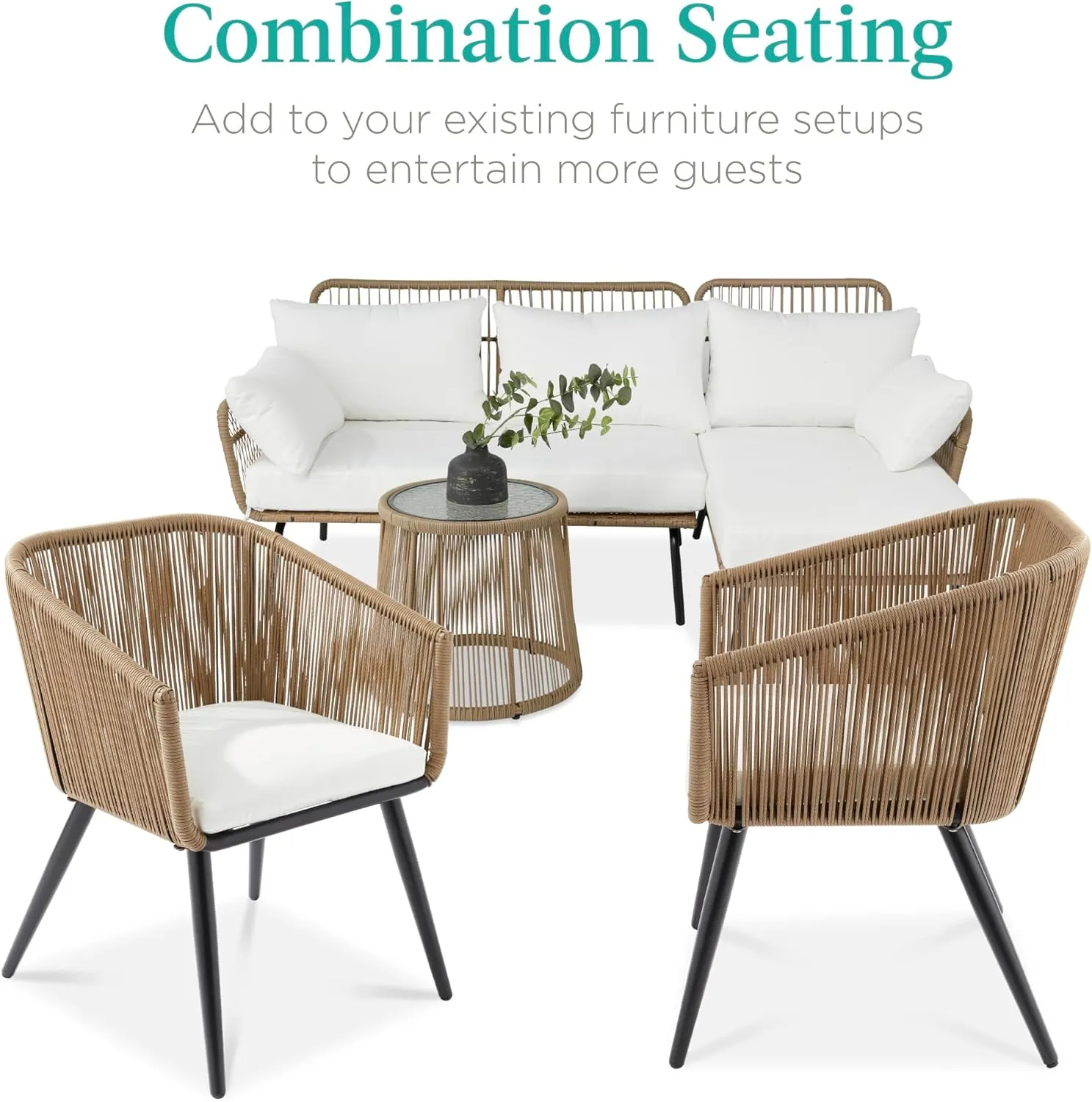 Best Choice Products Set of 2 Patio Dining Chairs, Outdoor Seating Set for Backyard, Poolside, Balcony, Indoor Use w/Woven Wicker Design, 250lb Weight Capacity - Natural/Ivory