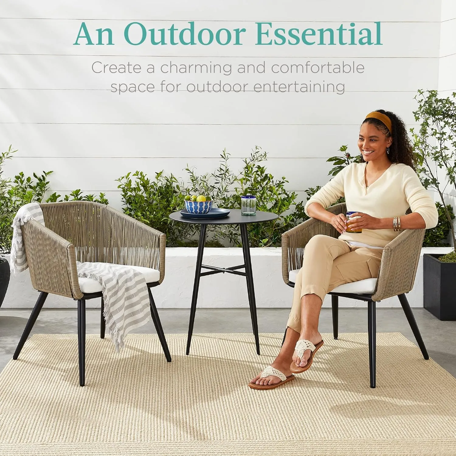 Best Choice Products Set of 2 Patio Dining Chairs, Outdoor Seating Set for Backyard, Poolside, Balcony, Indoor Use w/Woven Wicker Design, 250lb Weight Capacity - Natural/Ivory