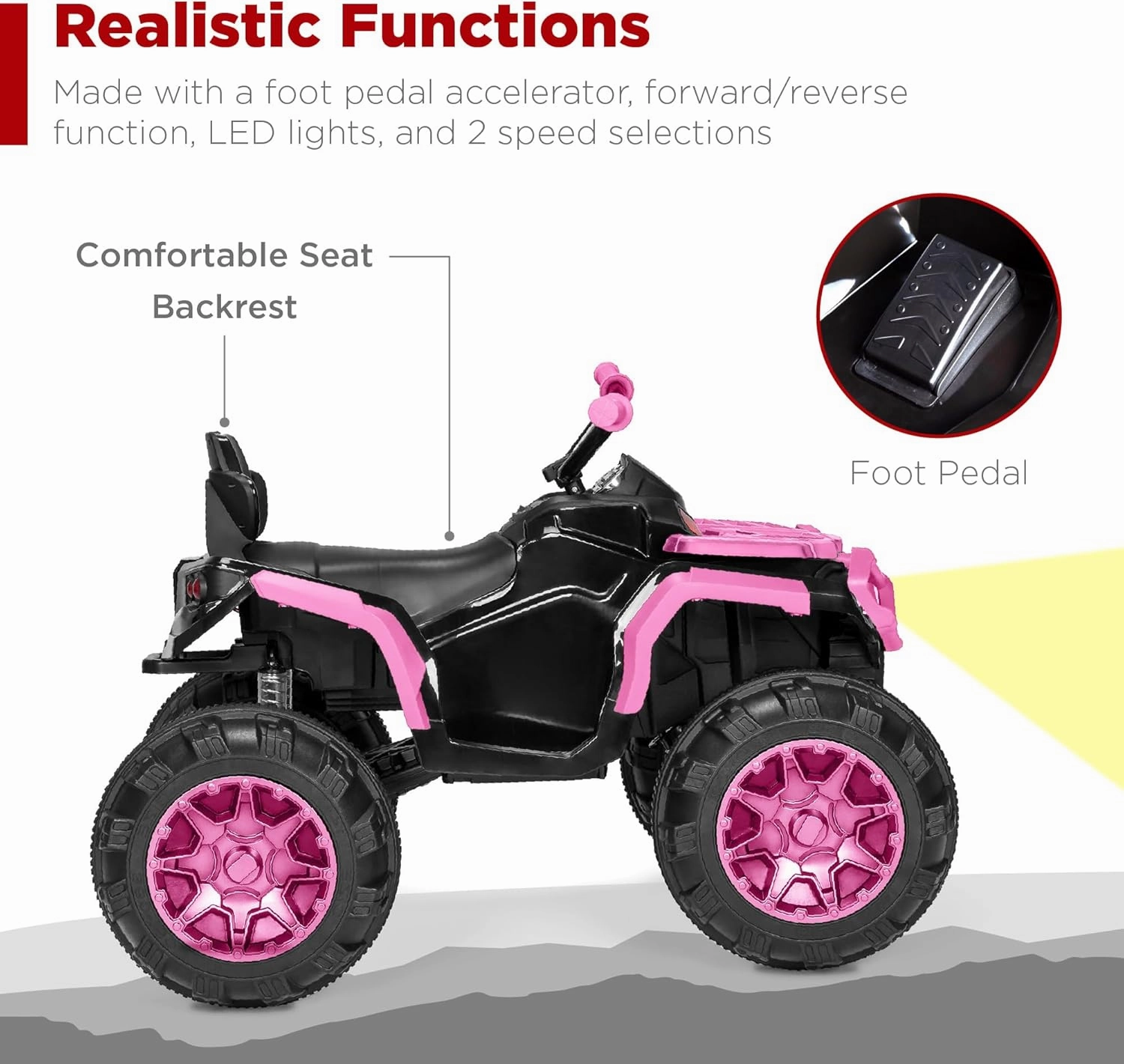 Best Choice Products 12V Kids Ride-On Electric ATV, 4-Wheeler Quad Car Toy w/Bluetooth Audio, 3.7mph Max Speed, Treaded Tires, LED Headlights, Radio - Pink